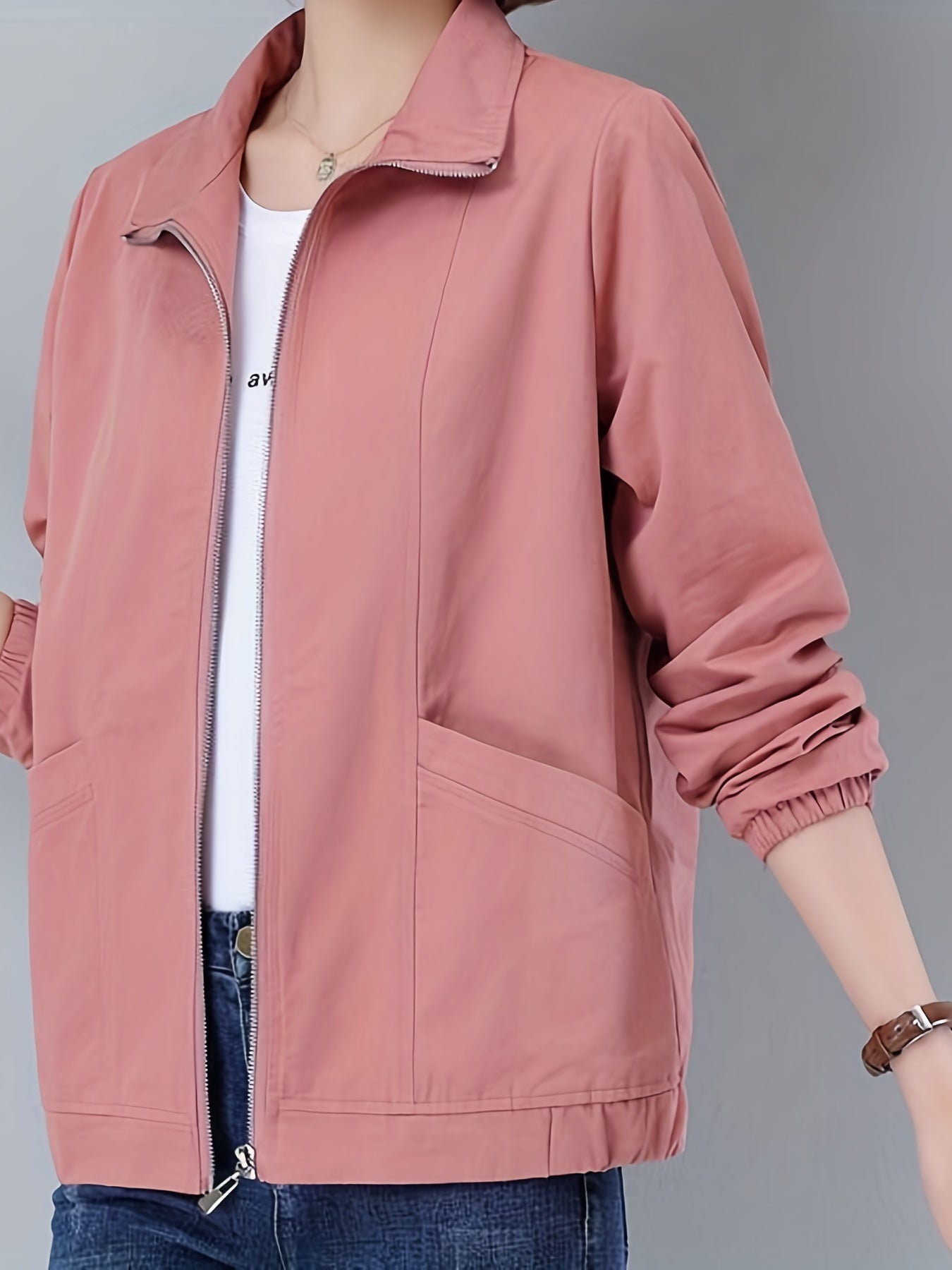 gbolsos Zip Up Pocket Front Jacket, Casual Long Sleeve Solid Outerwear, Women's Clothing