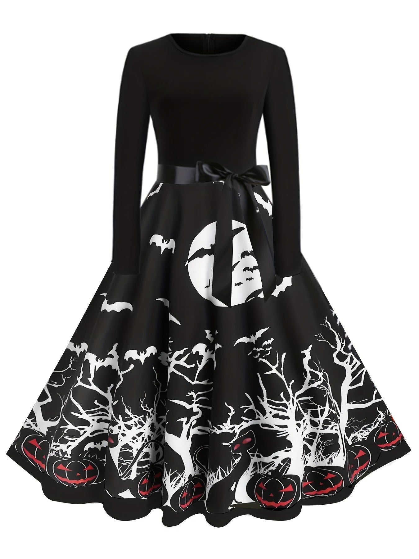 gbolsos Cartoon Ghost Print Dress, Elegant Long Sleeve Pleated Halloween Dress, Women's Clothing