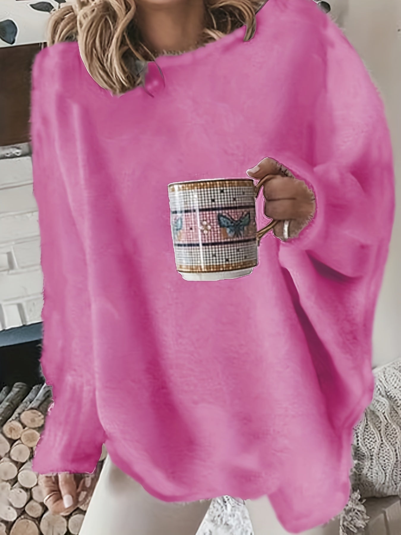 gbolsos Plus Size Casual Sweater, Women's Plus Solid Fluffy Round Neck Long Sleeve Sweater