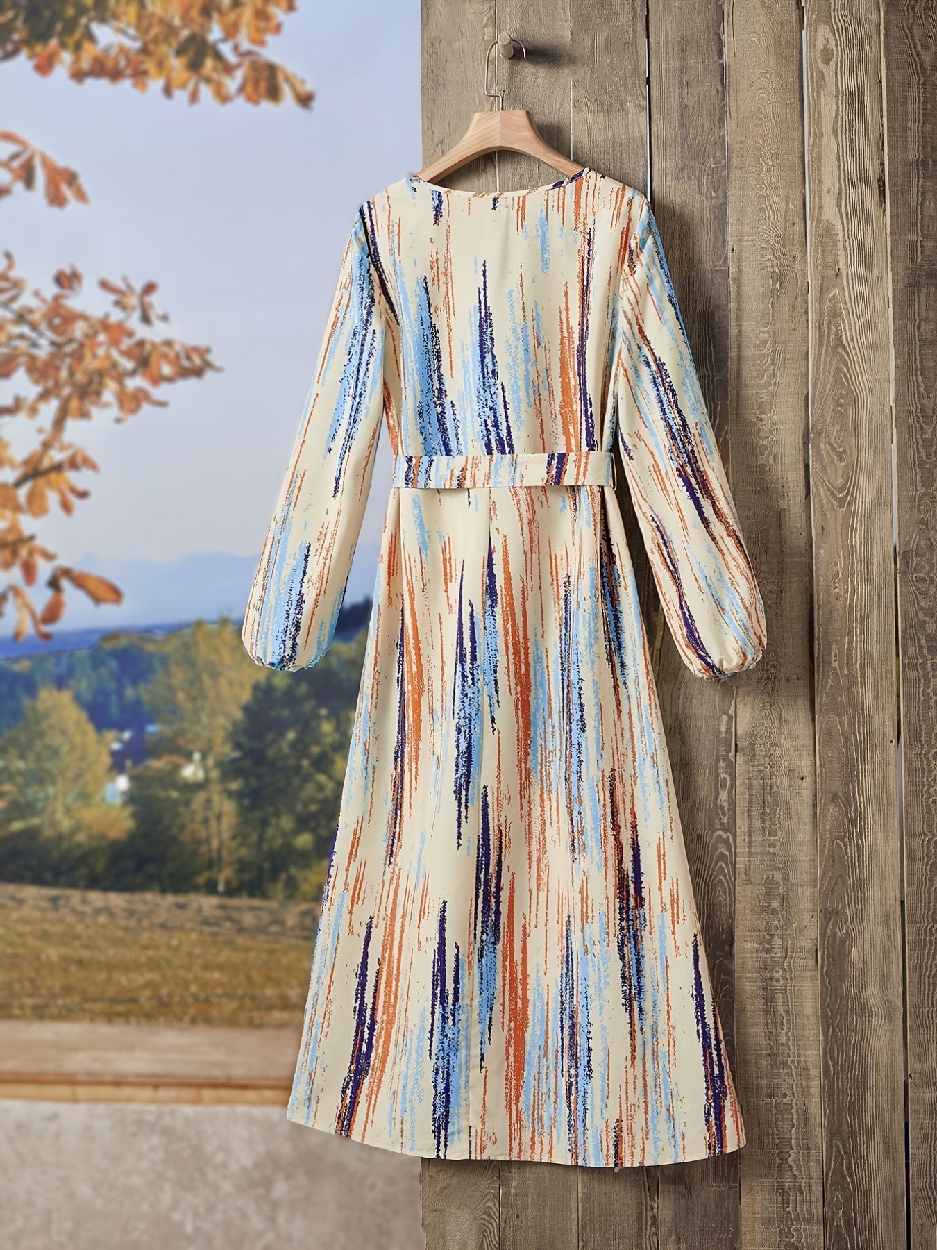 gbolsos Abstract Print Midi Dress, Casual V Neck Long Sleeve Dress, Women's Clothing