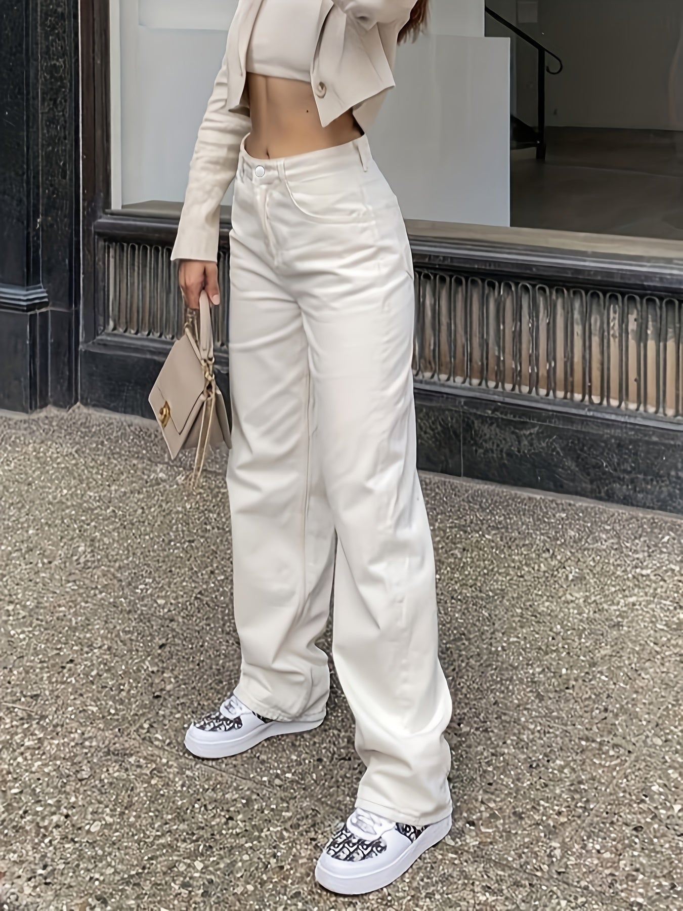 White Solid Color Wide Leg Jeans, Mid Rise Loose Slash Pocket Denim Pants, Women's Denim Jeans & Clothing