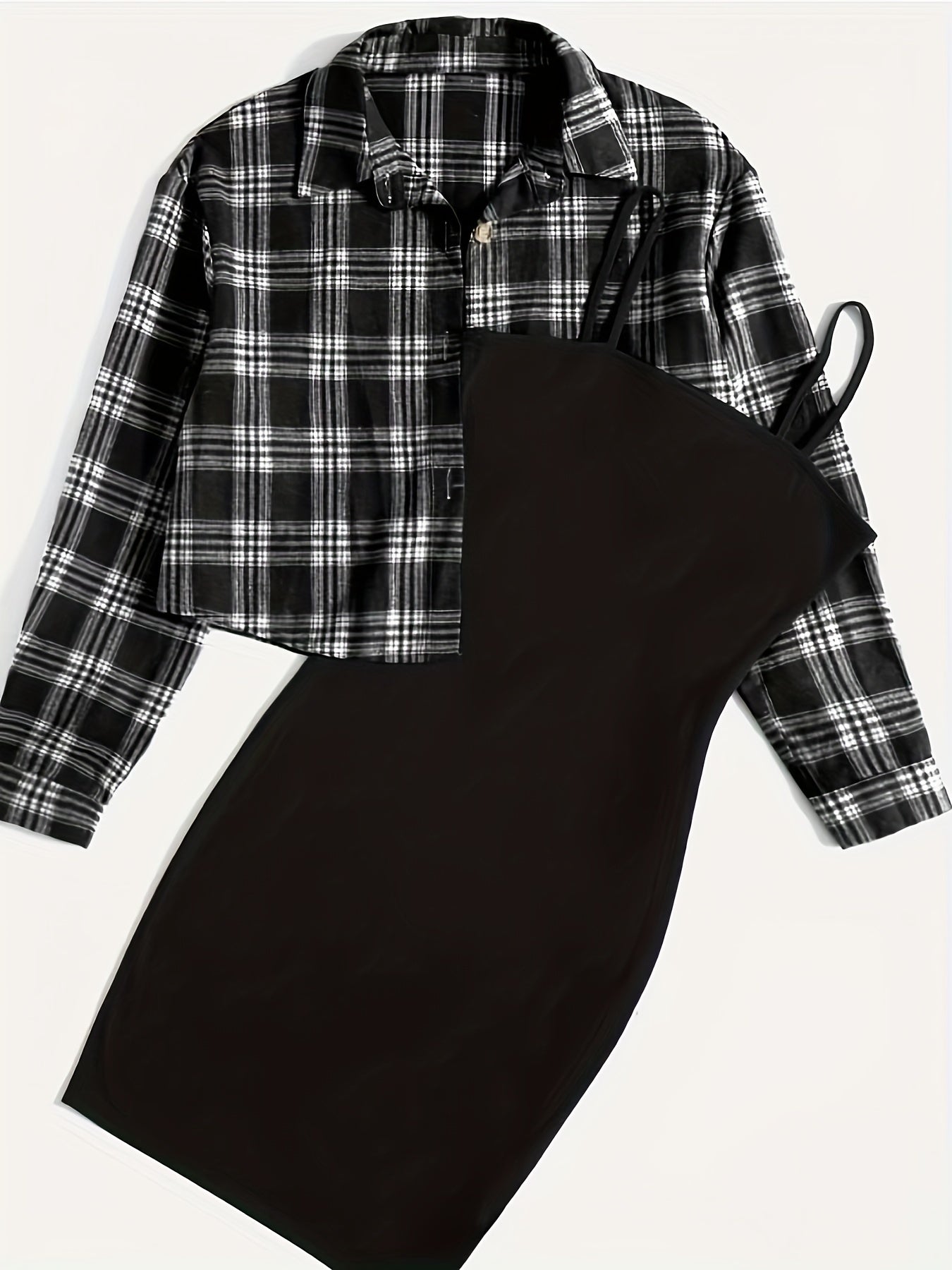 Casual Simple Two-piece Set, Plaid Print Button Front Tops & Solid Spaghetti Strap Dress Outfits, Women's Clothing