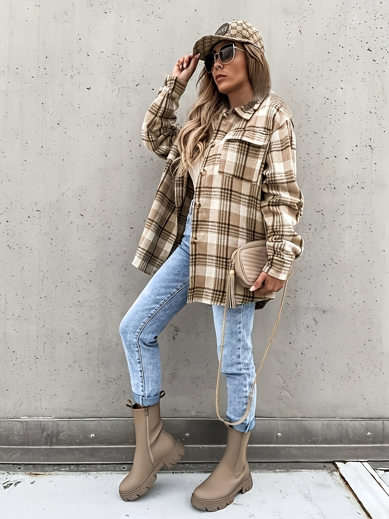 gbolsos Preppy Button Plaid Drop Shoulder Jacket, Casual Long Sleeve Jacket For Fall & Winter, Women's Clothing