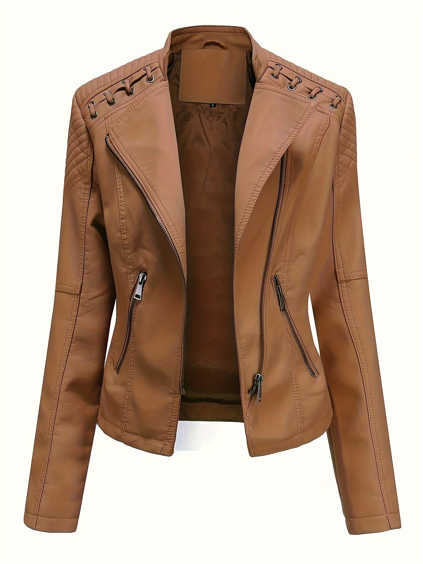 gbolsos Zipper Faux Leather Jacket, Casual Solid Long Sleeve Outerwear, Women's Clothing