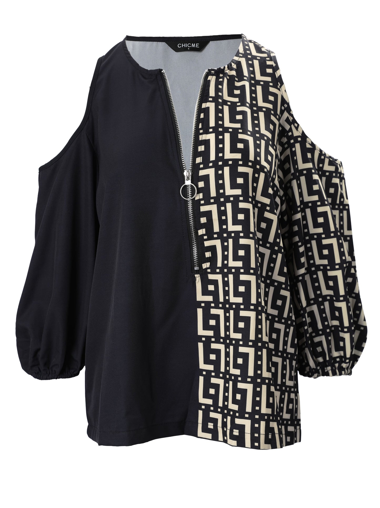 gbolsos Abstract Print Contrast Blouse, Casual Cold Shoulder Zipper Blouse, Women's Clothing