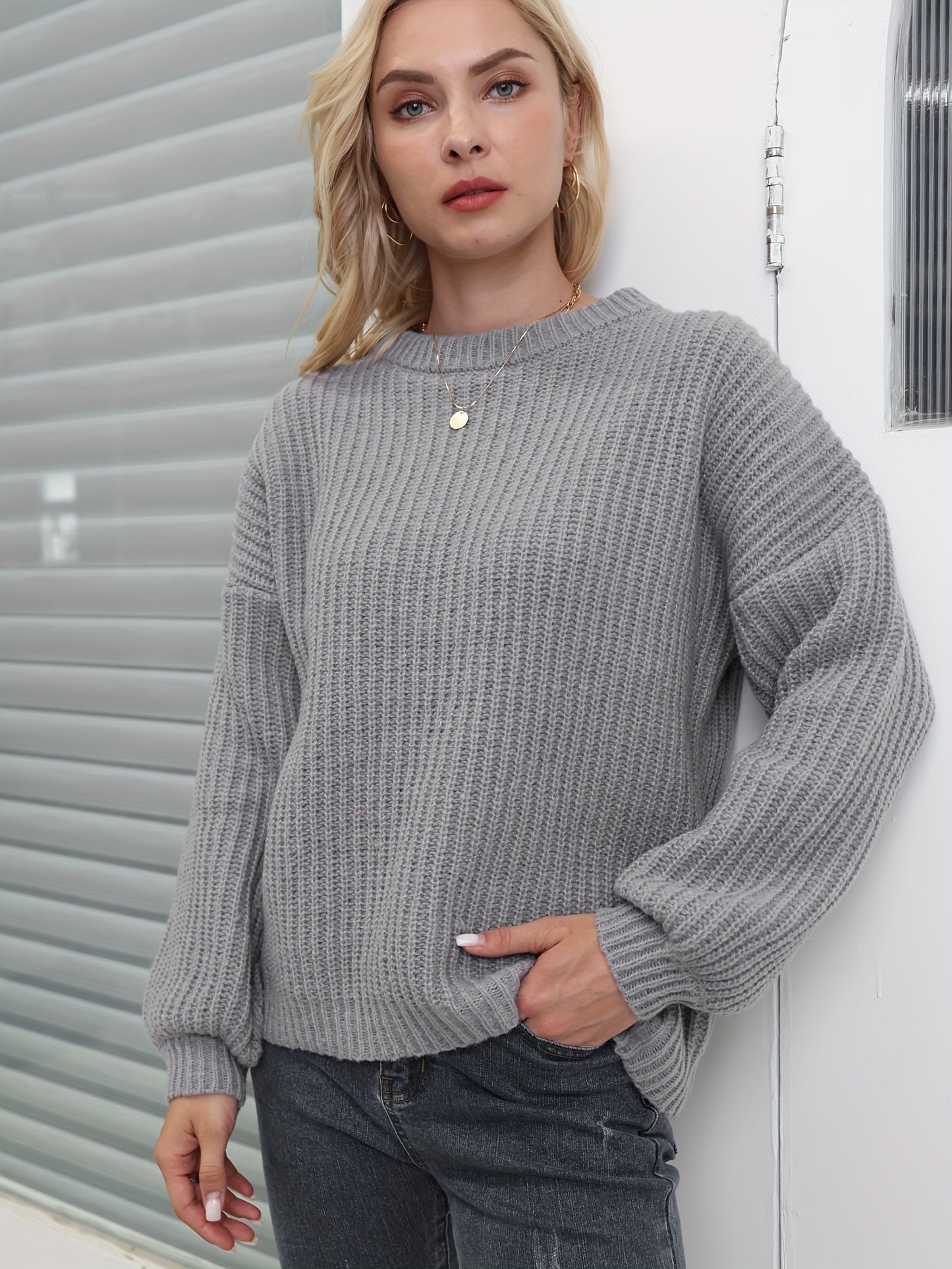 gbolsos Solid Versatile Knit Pullover Sweater, Casual Crew Neck Drop Shoulder Long Sleeve Sweater, Women's Clothing