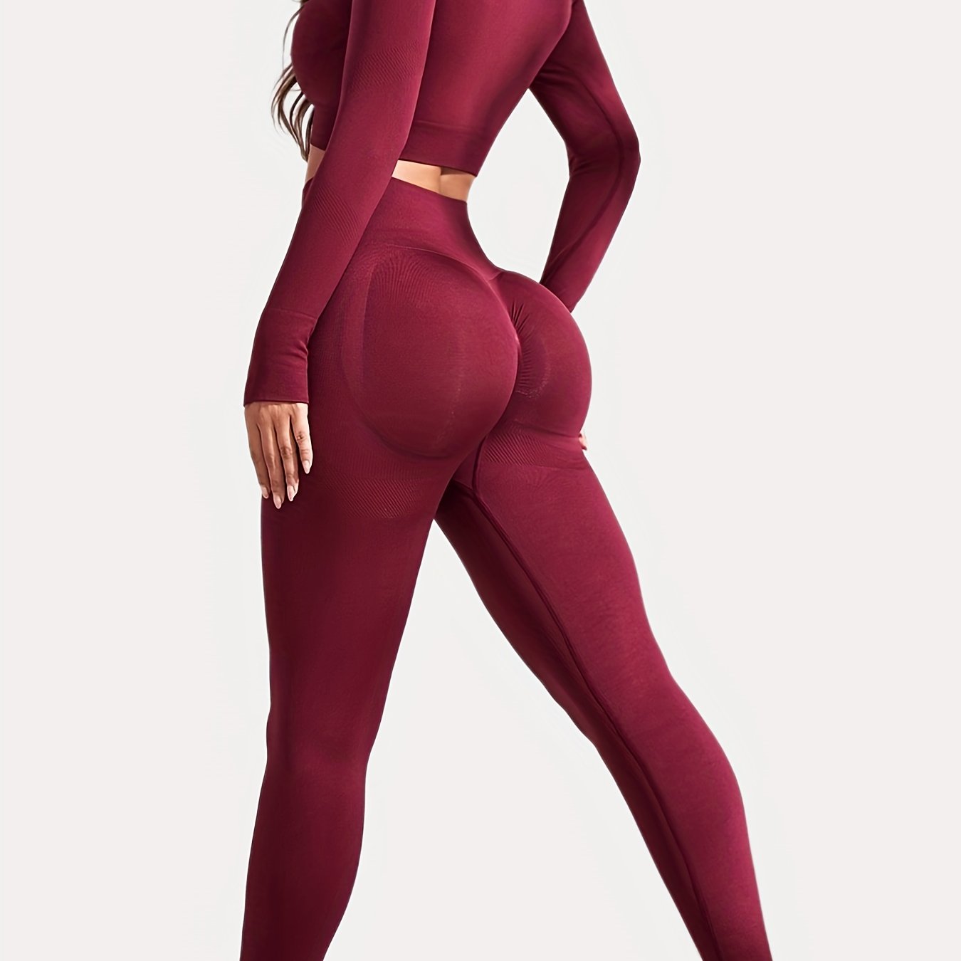 gbolsos Women's Yoga Sports Suits, Seamless Stretchy Fitness Suits, Long Sleeve Thumb Hole Cropped Top & Slimming Leggings, Women's Activewear