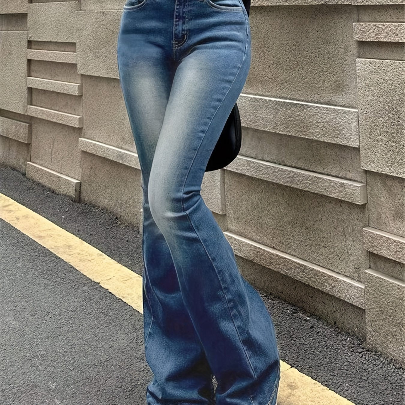 gbolsos Blue Washed Retro Flare Jeans, Slim Fit High Stretch Slant Pockets Bell Bottom Jeans, Women's Denim Jeans & Clothing