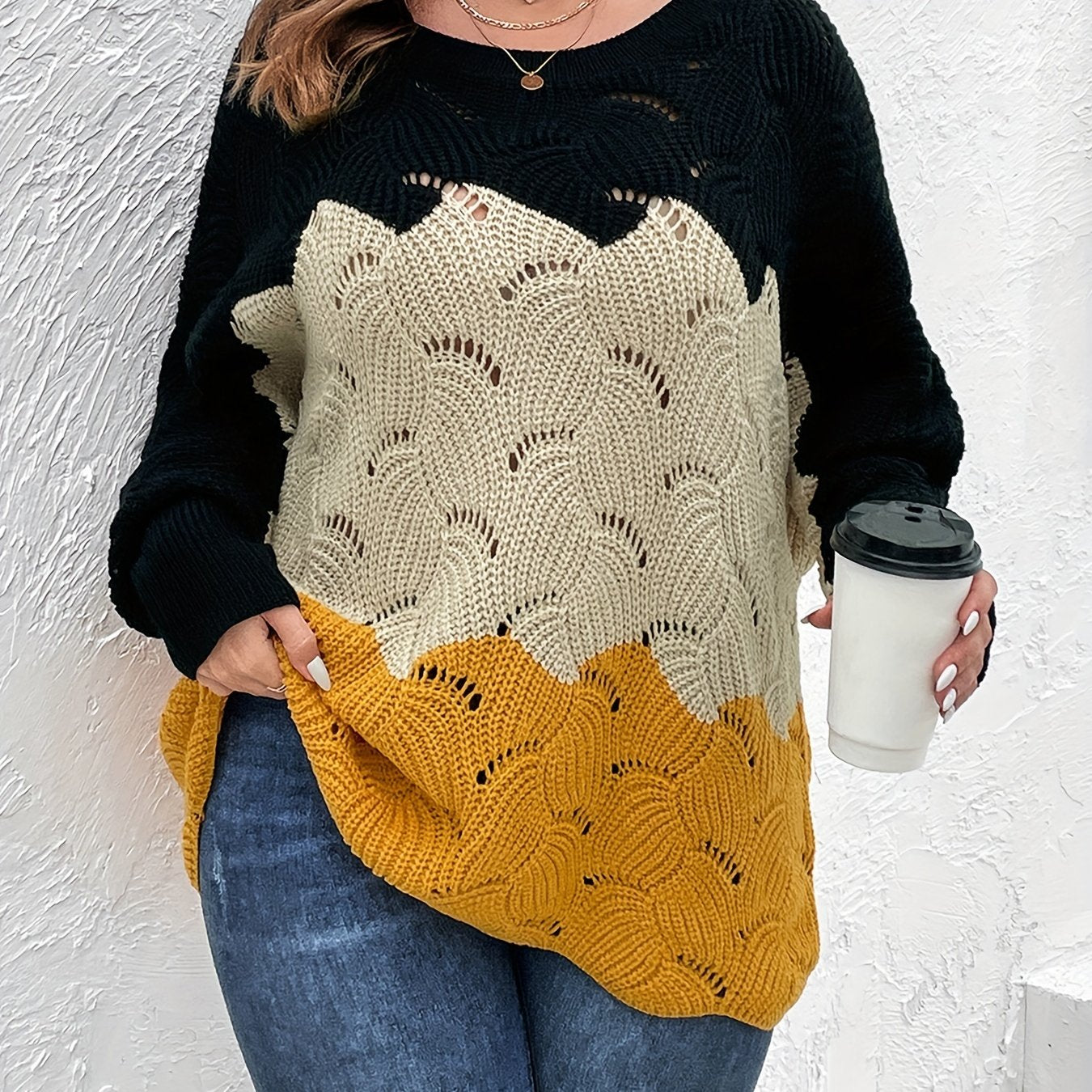 gbolsos Plus Size Colorblock Eyelet Embroidered Boat Collar Sweater, Women's Plus Slight Stretch Casual Sweater