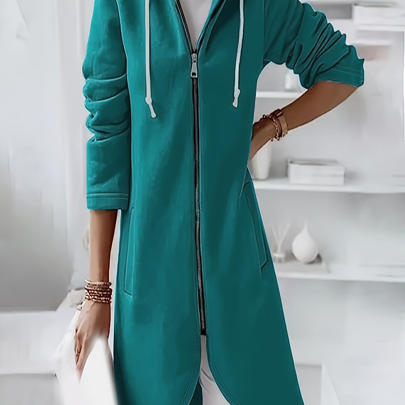 Plus Size Casual Coat, Women's Plus Solid Zip Up Long Sleeve Asymmetrical Hem Drawstring Hooded Coat