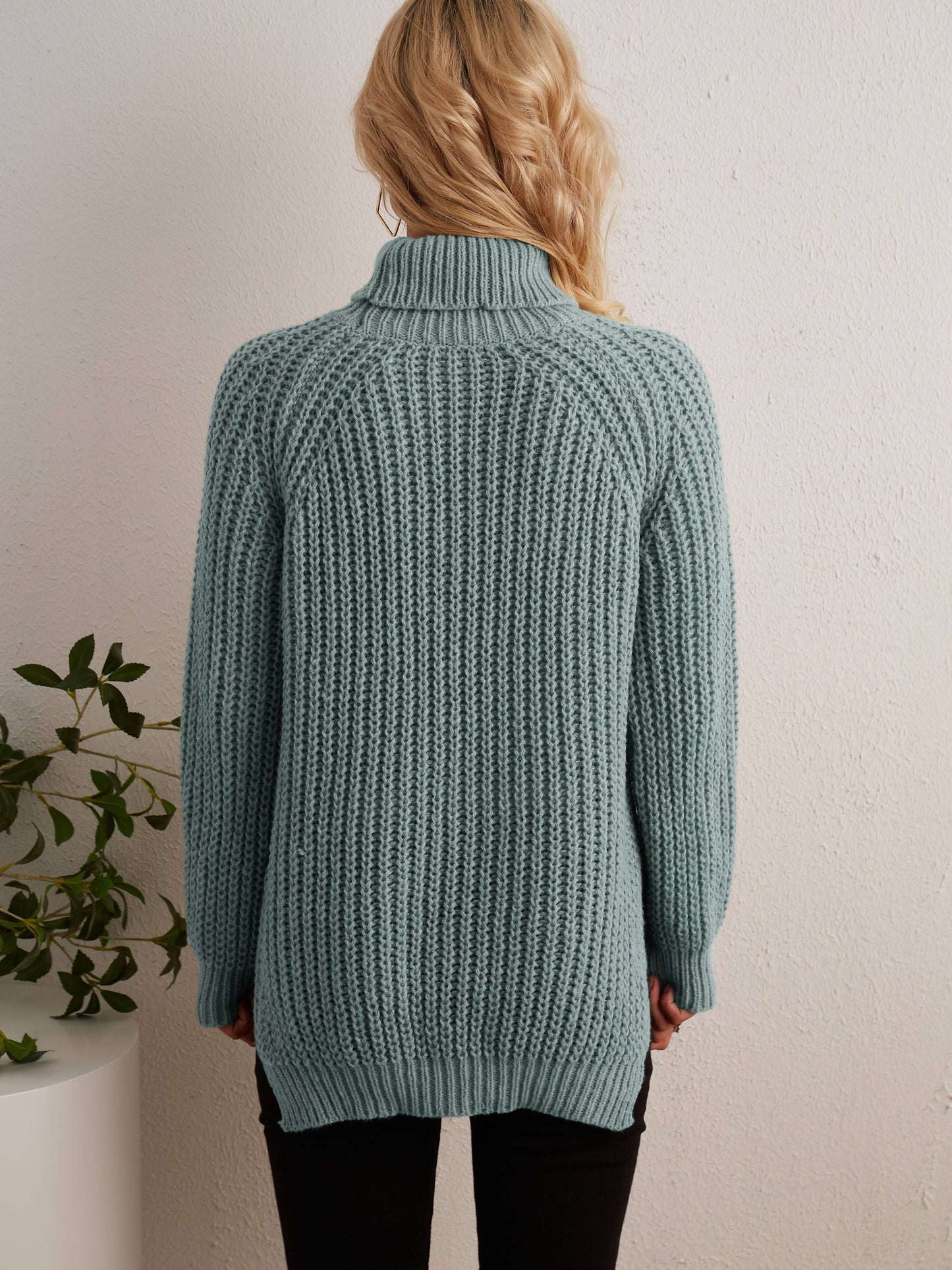 gbolsos Solid Turtleneck Oversized Sweater, Long Sleeve Side Slit Casual Sweater, Women's Clothing
