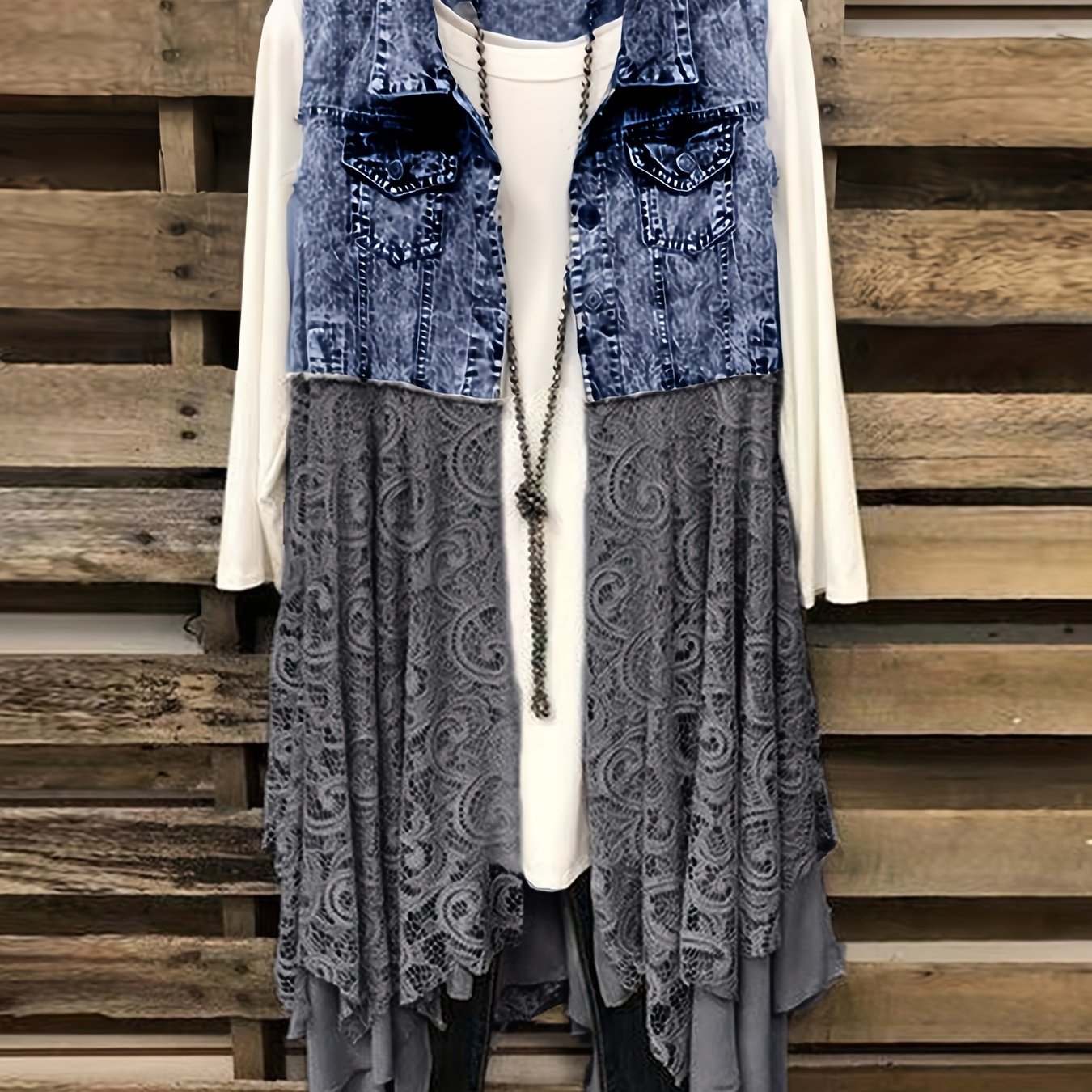 Lace High Low Trim Denim Vest Dress, Flap Pockets Raw Hem Lady Distressed Vest Dress, Women's Denim & Clothing