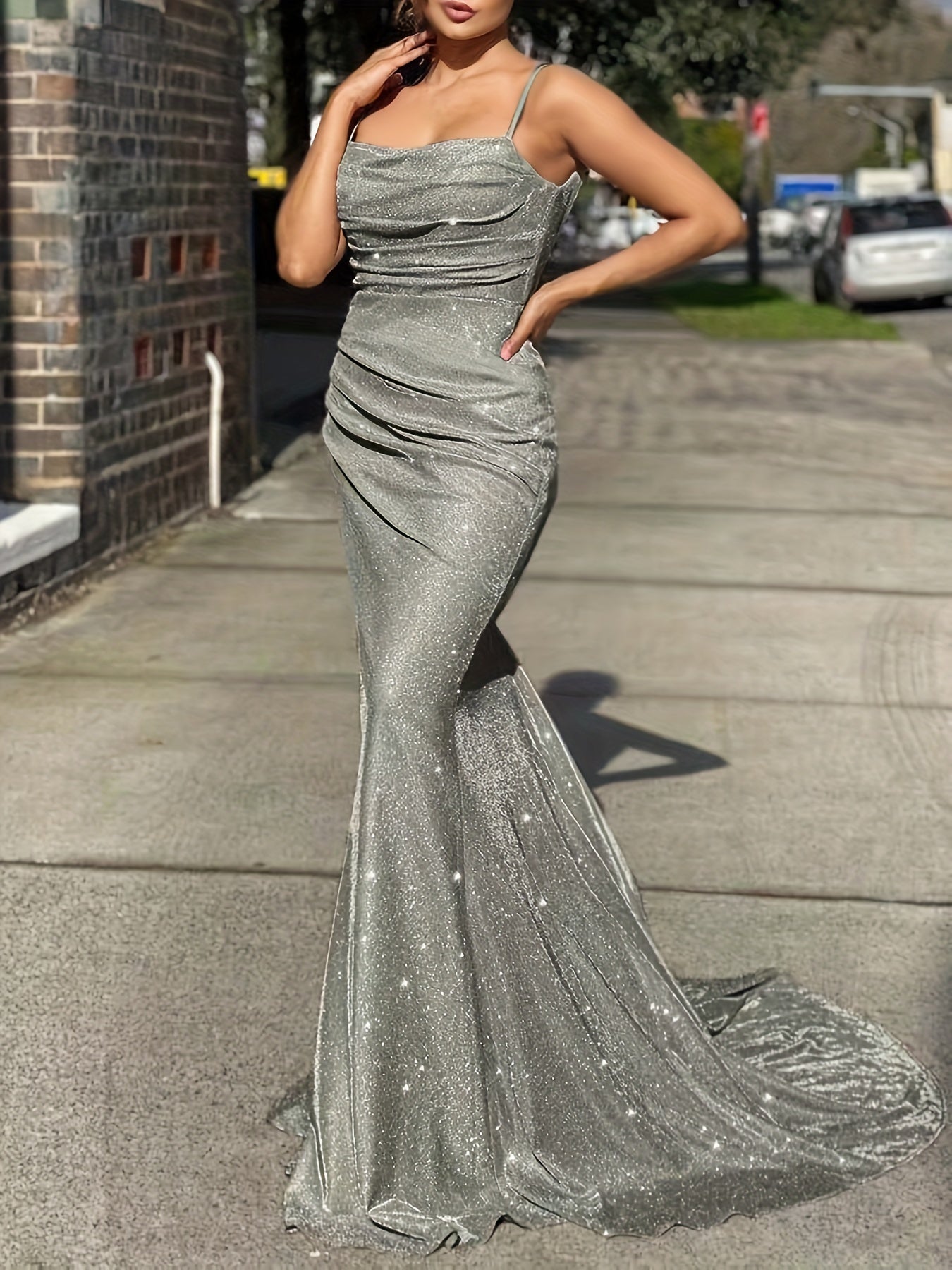 gbolsos Glitter Sequin Slip Sleeveless Backless Maxi Dress, Slim Elegant Ruffled Cocktail Party Guest Evening Gown Mermaid Dress, Women's Clothing