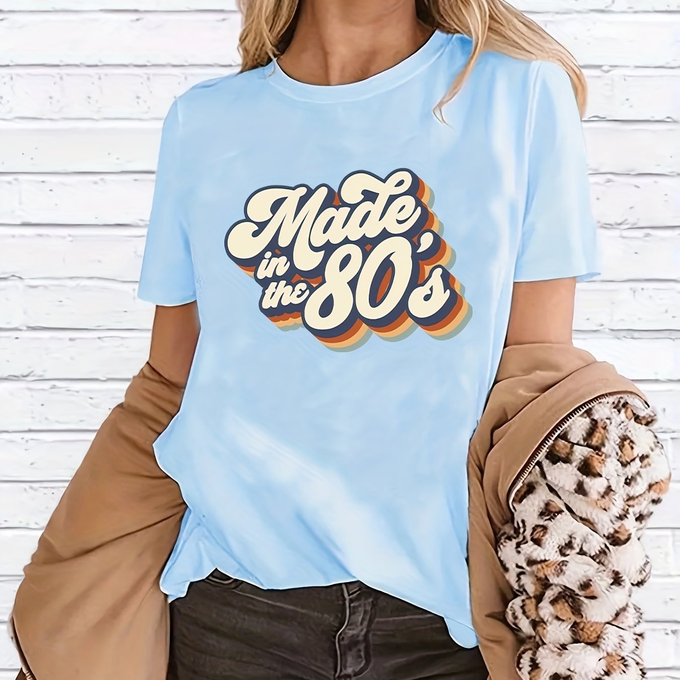 gbolsos "Made In The 203.2cms" Letter Print T-shirts, Crew Neck Short Sleeve Summer Sports Top, Women's Clothing