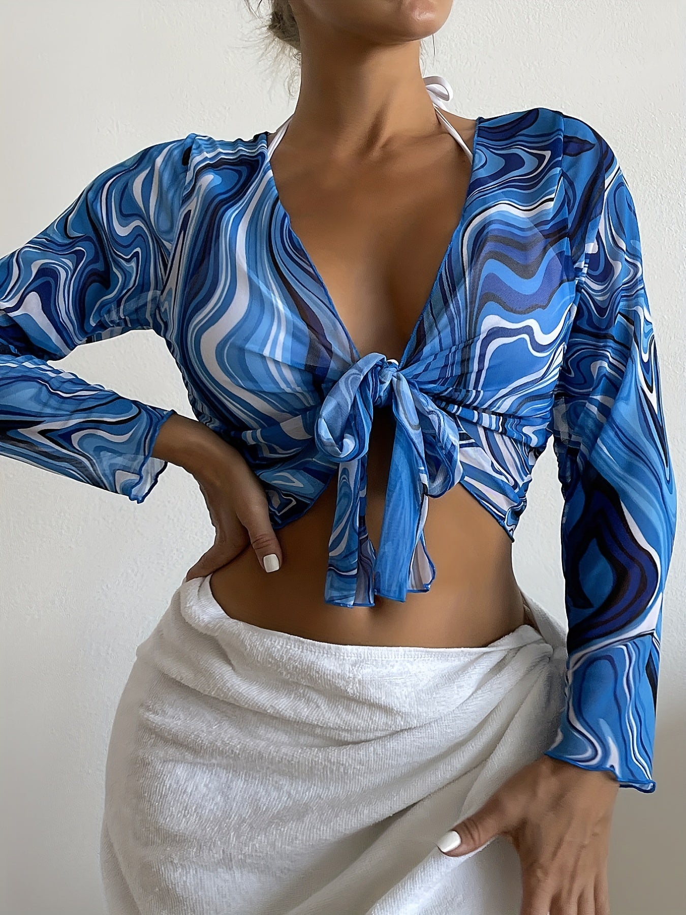 gbolsos Blue Fluid Print Long Sleeve Cover Up, Soft Mesh Bow Tie Sun Protection Cardigan, Women's Swimwear & Clothing