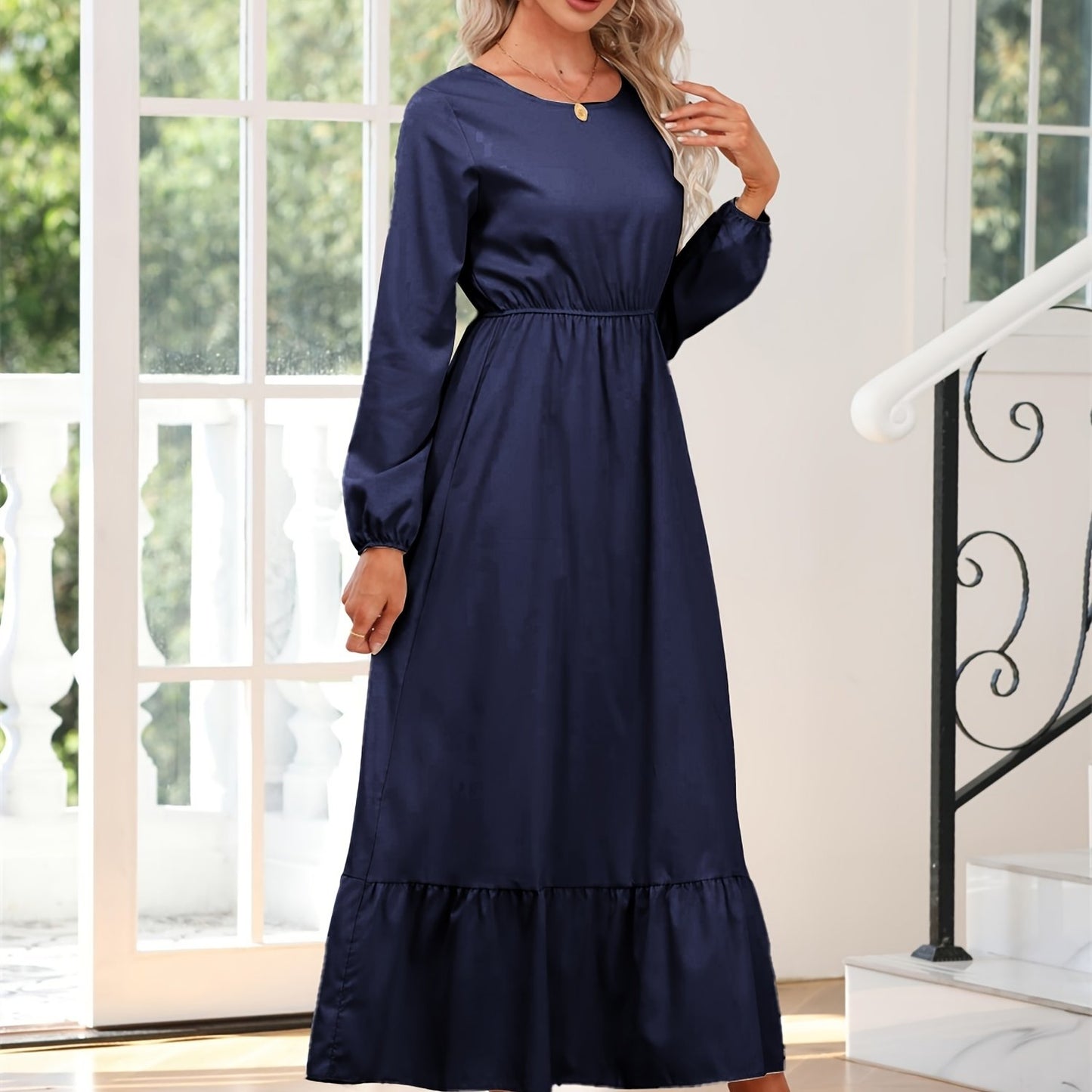 gbolsos Elegant Crew Neck Draped Extra-long Dress, Casual Long Sleeve Solid Elastic Waist Ruffle Hem Party Long Dresses, Women's Clothing