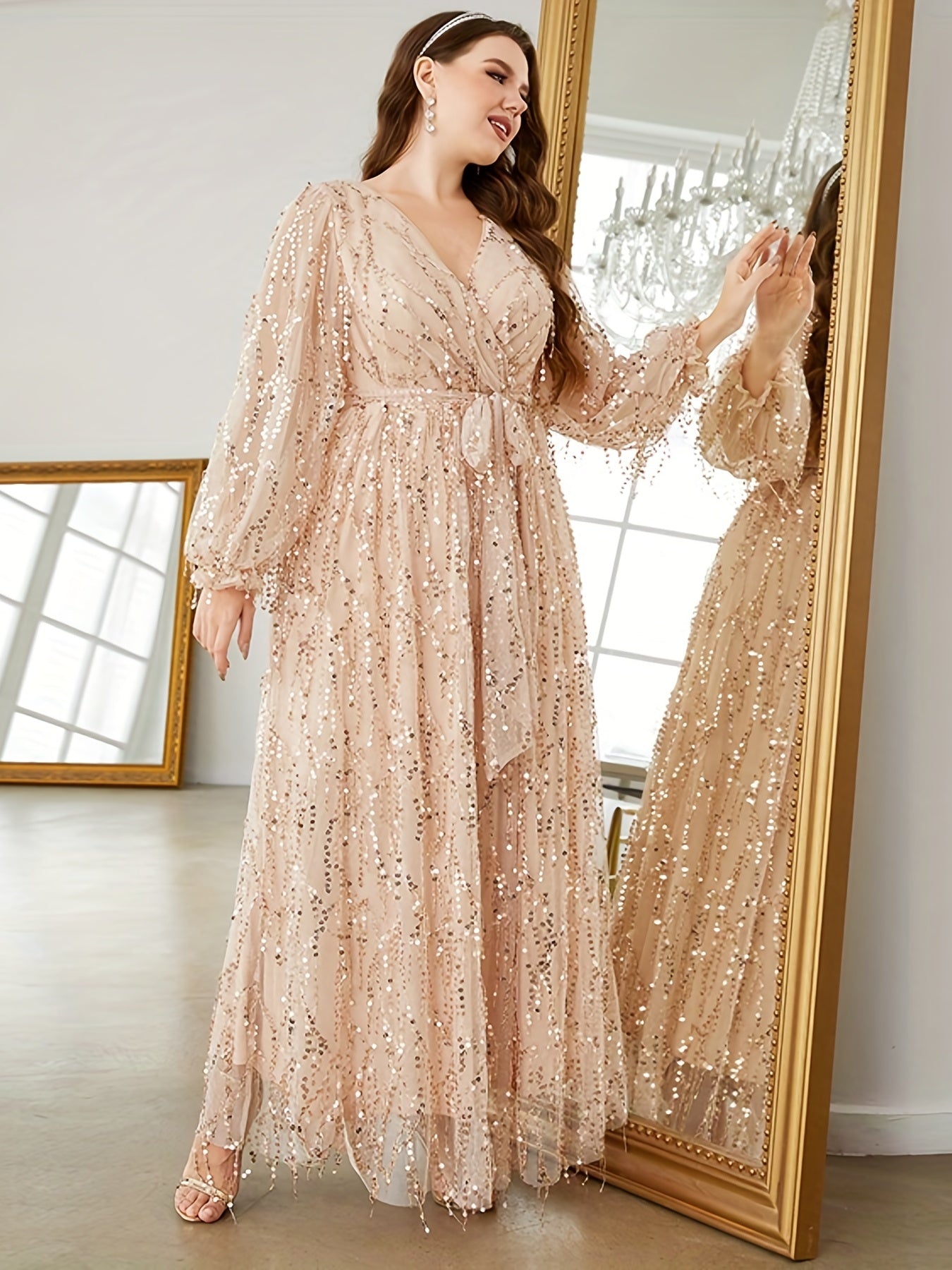 gbolsos Plus Size Elegant Bridesmaid Dress, Women's Plus Sequin Fringe Decor Lantern Sleeve Surplice Neck Belted Formal Party Maxi Dress