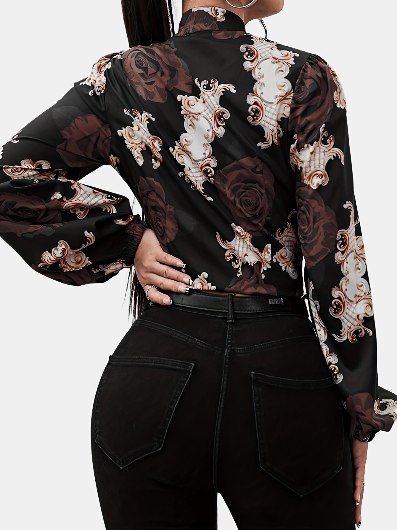 gbolsos Floral Print Bow Tie Blouse, Vintage Long Lantern Sleeve Blouse For All-season, Women's Clothing