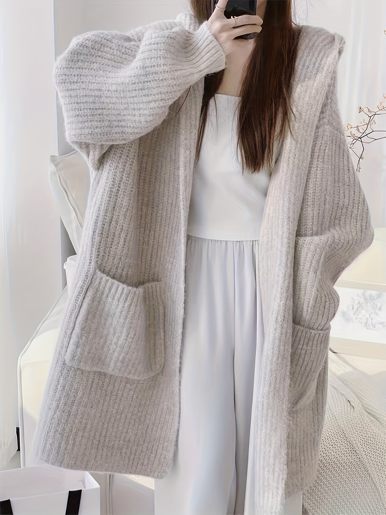 gbolsos Solid Open Front Hooded Cardigan, Versatile Long Sleeve Patched Pockets Cardigan For Fall & Winter, Women's Clothing