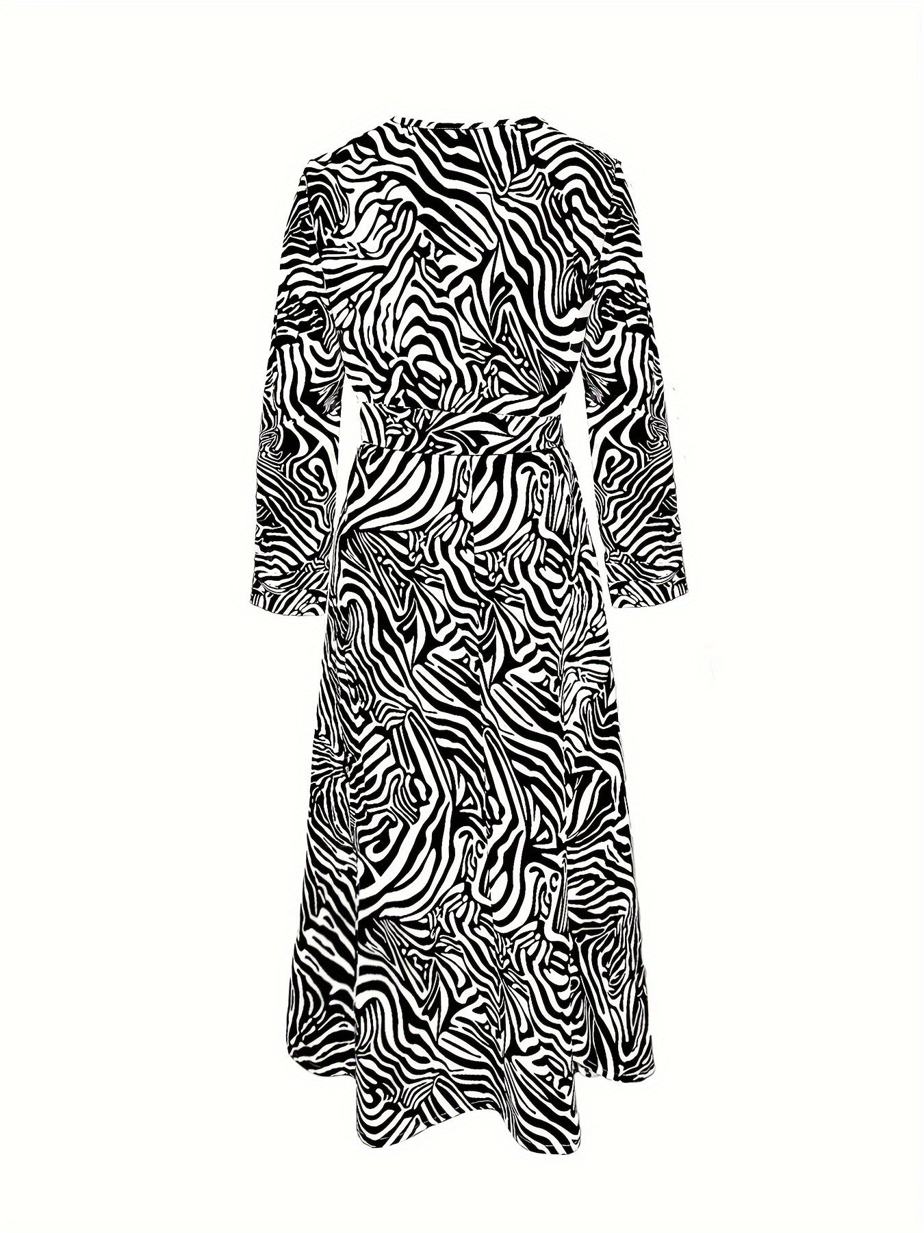 Zebra Print Button Up Dress, Casual Flowy V Neck Three Quarter Sleeve Tie Waist Midi Dress, Women's Clothing