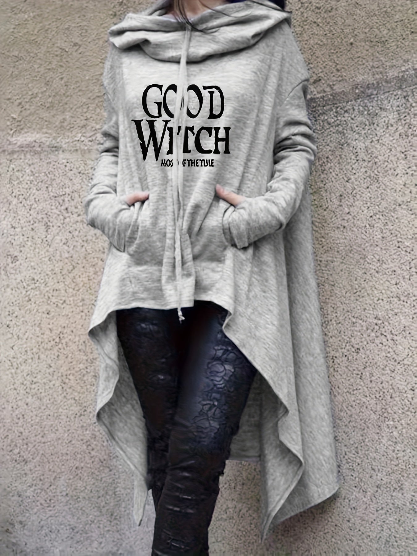 Halloween Letter Print Dipped Hem Hoodie, Casual Long Sleeve Drawstring Hoodies Sweatshirt, Women's Clothing