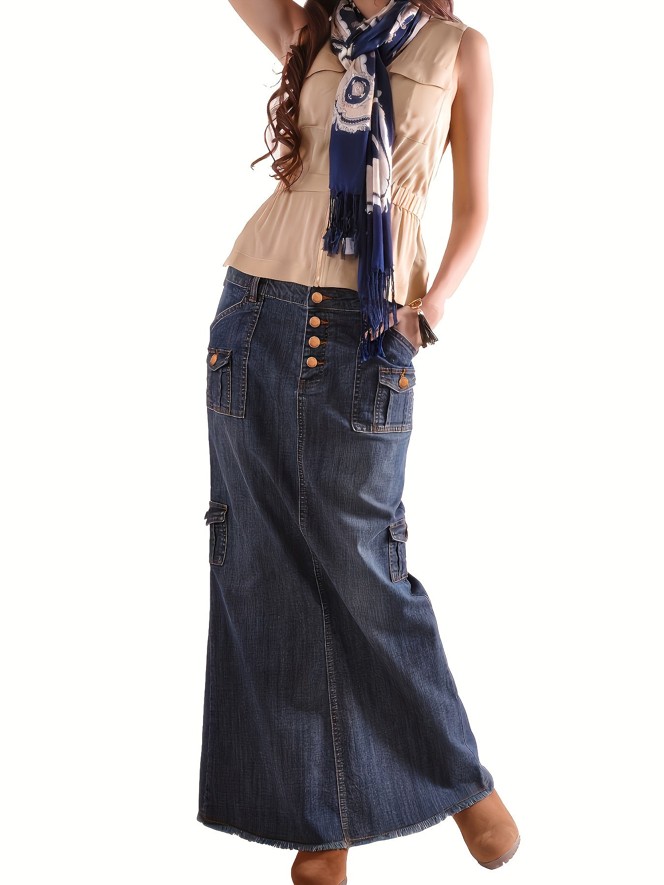 Blue Flap Pockets Cargo Denim Maxi Skirt, Raw Hem Single-Breasted Button Retro Denim Skirt, Women's Denim Clothing