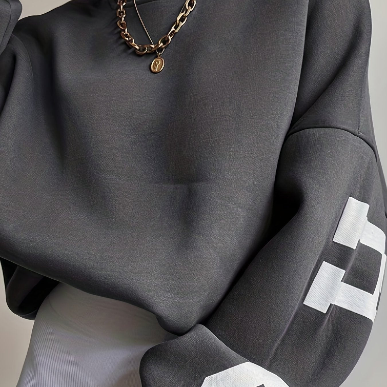 gbolsos Women Oversized Thermal Letter Graphic Print Sweatshirt Aesthetic Crew Neck Long Sleeve Drop Shoulder Pullover