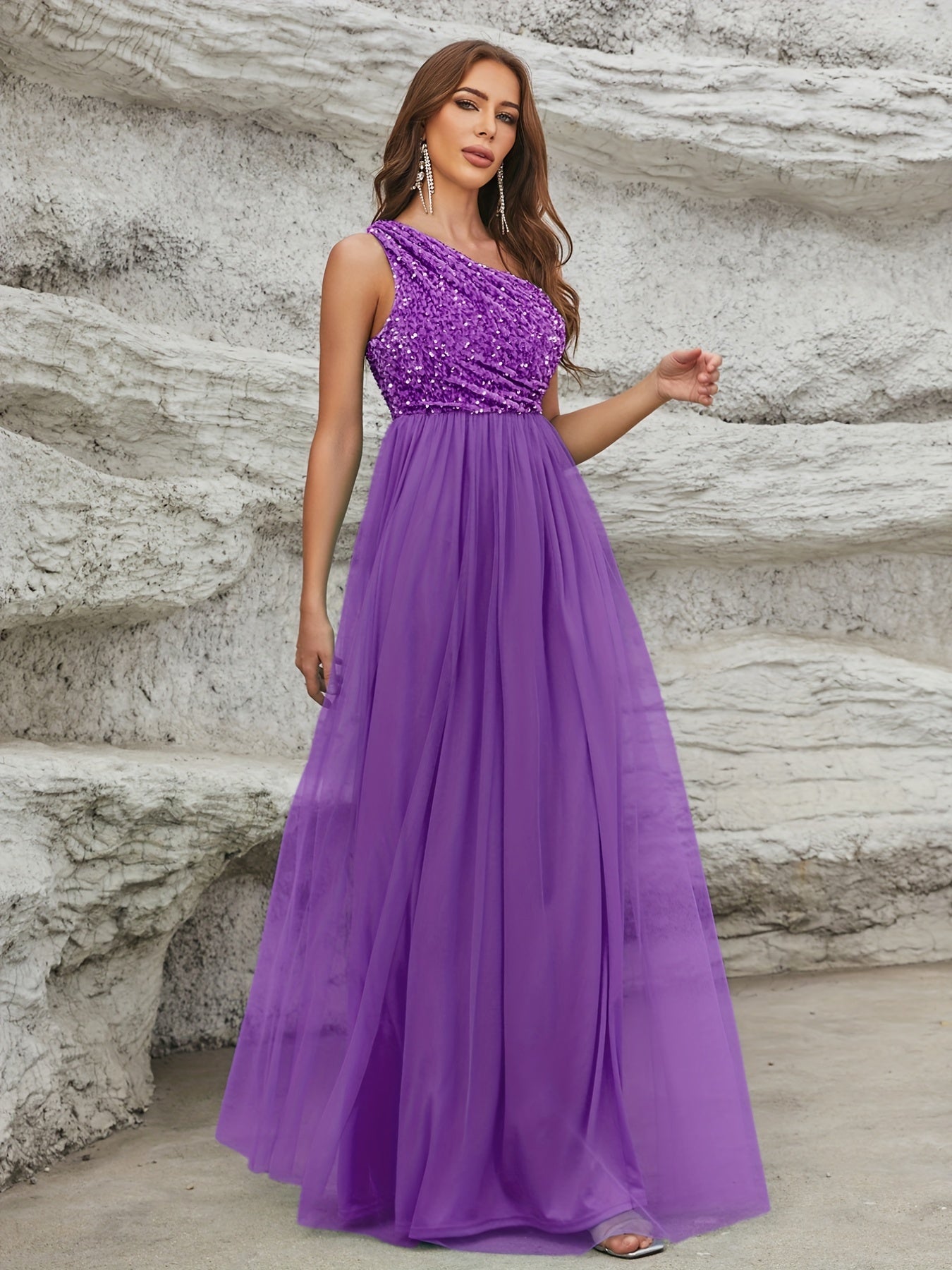 One Shoulder Sequin Dress, Elegant Sleeveless Dress For Party & Banquet, Women's Clothing