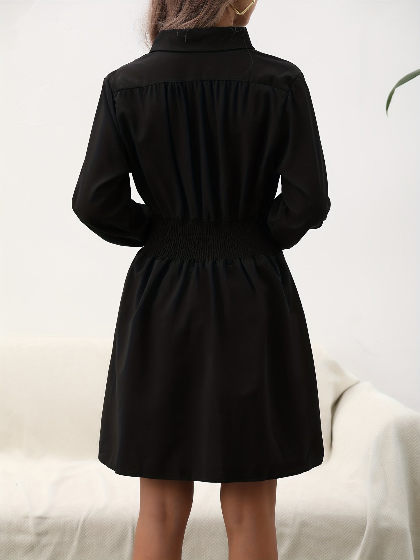 gbolsos Solid V Neck Shirred Waist Dress, Casual Long Sleeve Lapel Dress, Women's Clothing