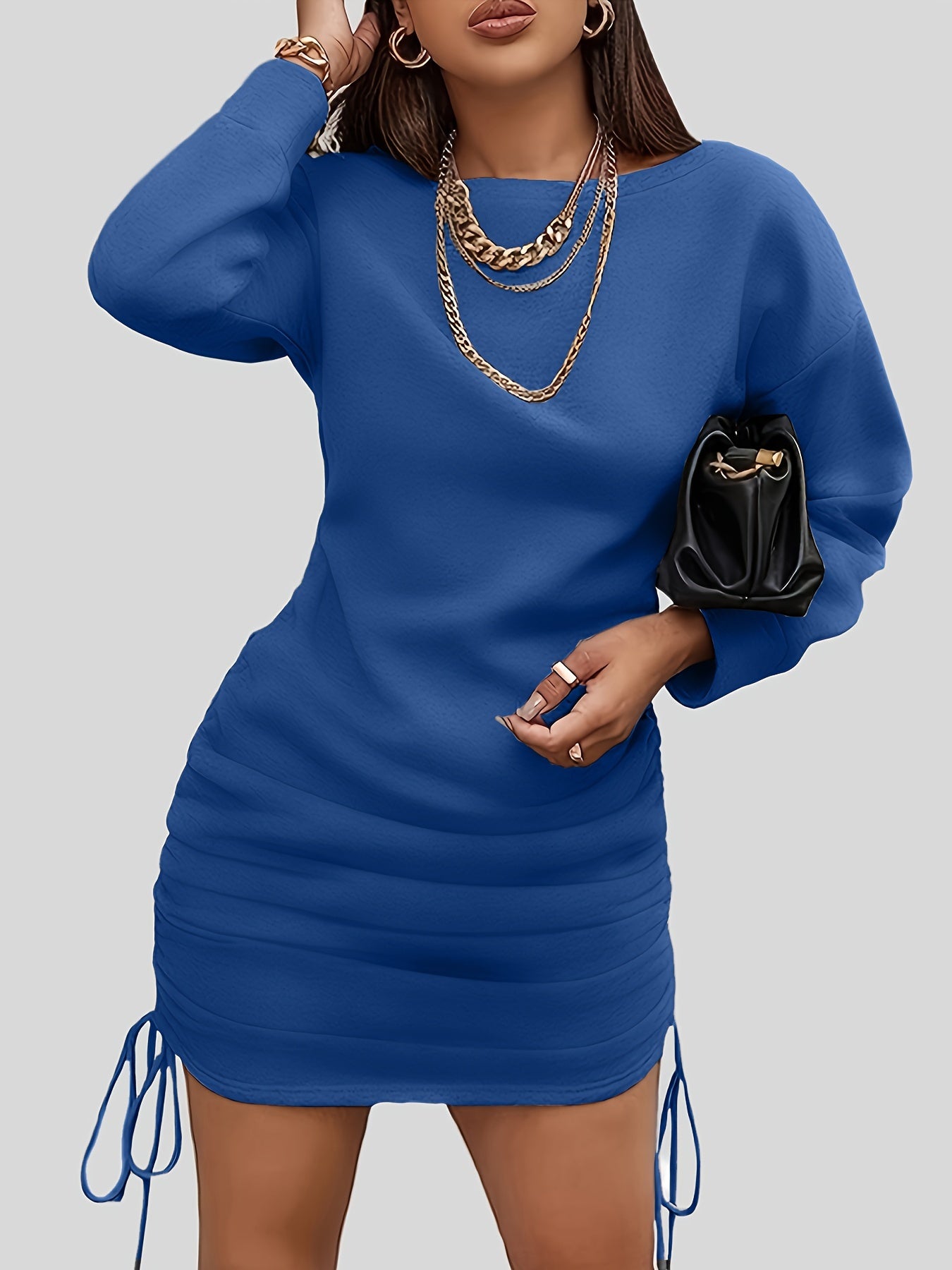 Ruched Drawstring Dress, Casual Crew Neck Long Sleeve Dress, Women's Clothing