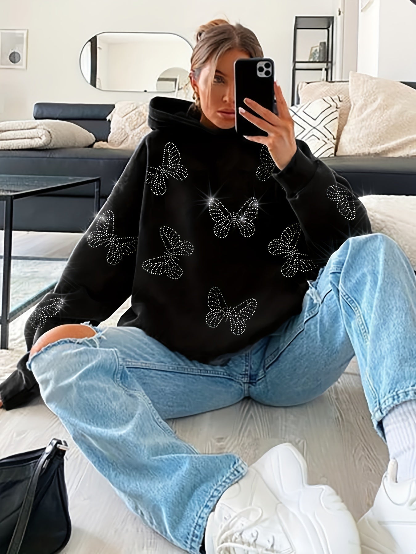 gbolsos Rhinestone Butterfly Hoodie, Casual Long Sleeve Loose Hoodies Sweatshirt, Women's Clothing