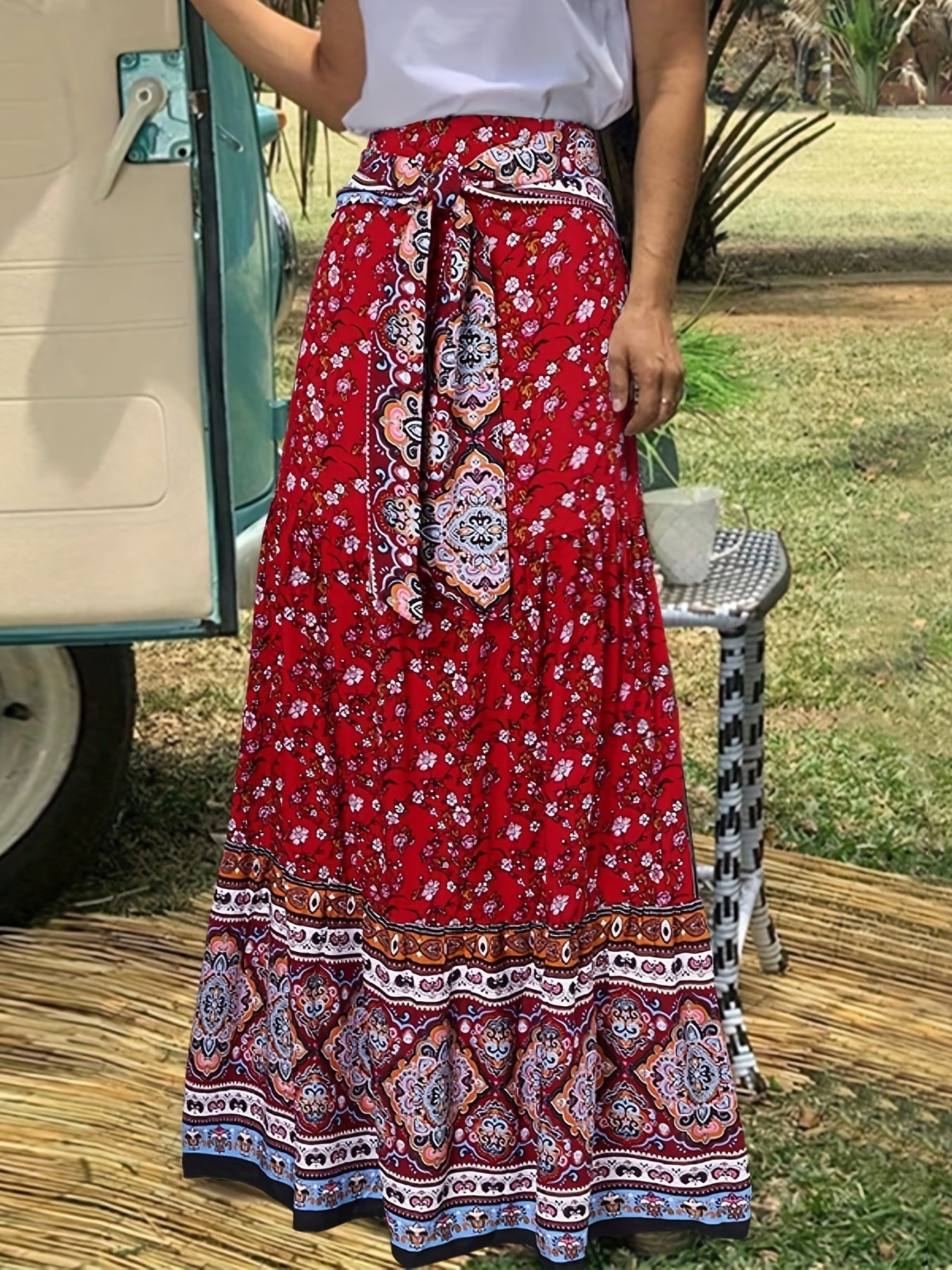 Floral Print Tie Front Skirt, Boho Skirt For Spring & Summer, Women's Clothing