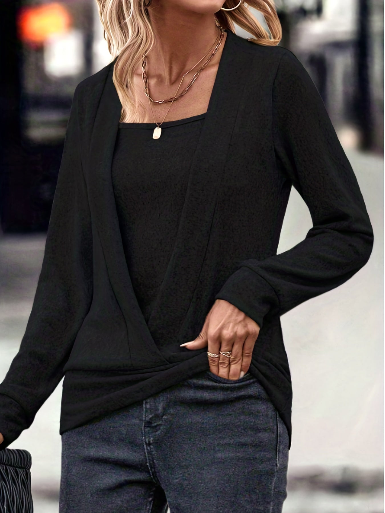 Plus Size Casual Top, Women's Plus Solid Faux Twinset Long Sleeve Square Neck Slight Stretch Pullover Top