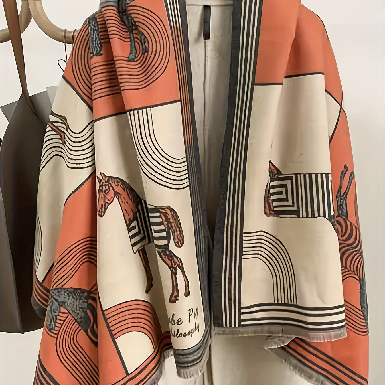 Plus Size Casual Winter Coat, Women's Plus Horse & Geometric Print Long Sleeve Open Front Shawl Cape Coat