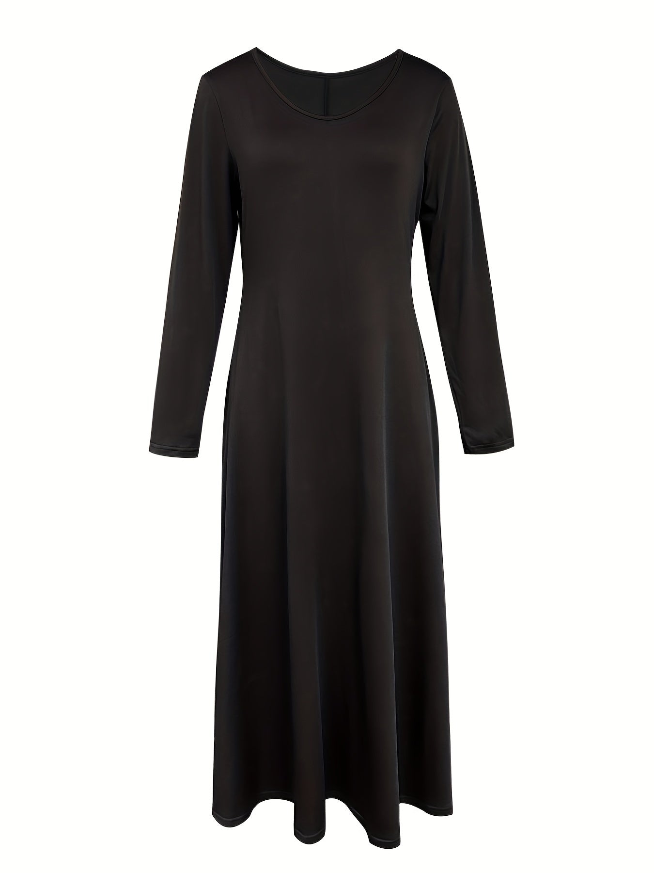 Solid Pocket Crew Neck Dress, Casual Long Sleeve Dress For Spring & Fall, Women's Clothing