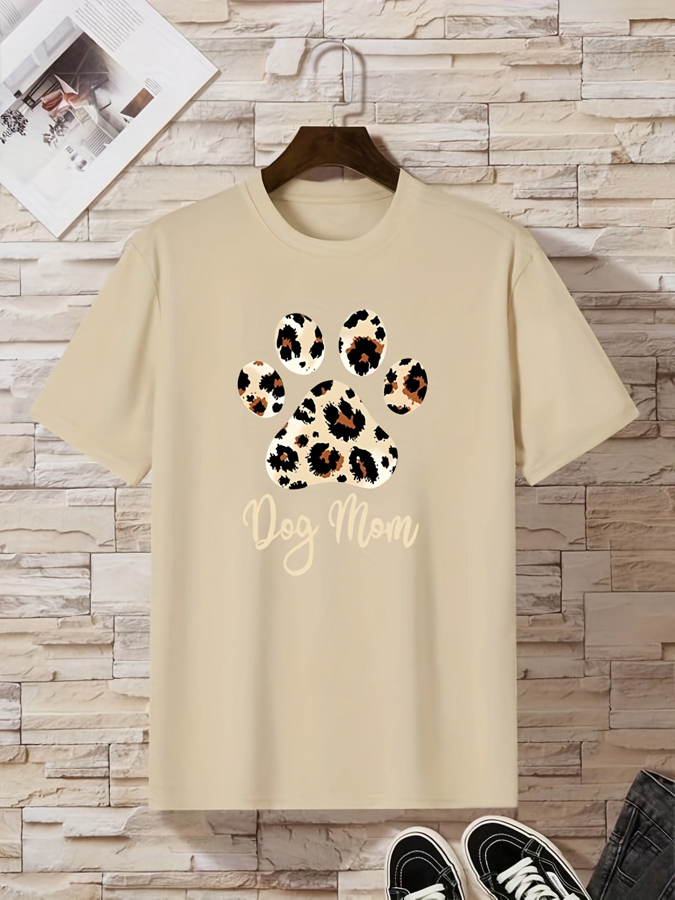 gbolsos Women Funny Leopard Print Dog Mama Graphic Tee, Summer Casual Crew Neck T-shirt, Women's Clothing