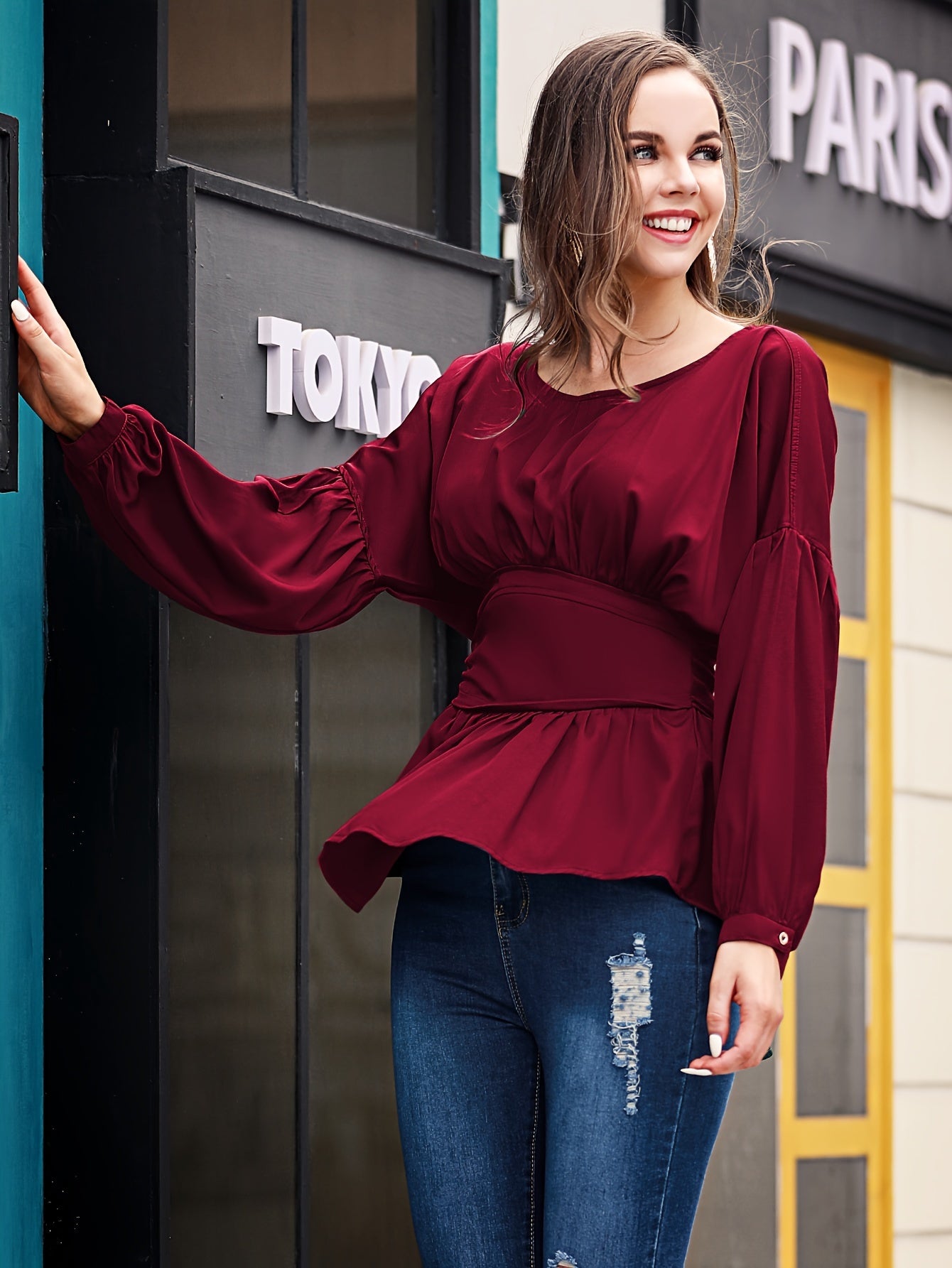 gbolsos Solid Cinched Waist Smocked Blouse, Versatile Lantern Sleeve Blouse For Spring & Fall, Women's Clothing