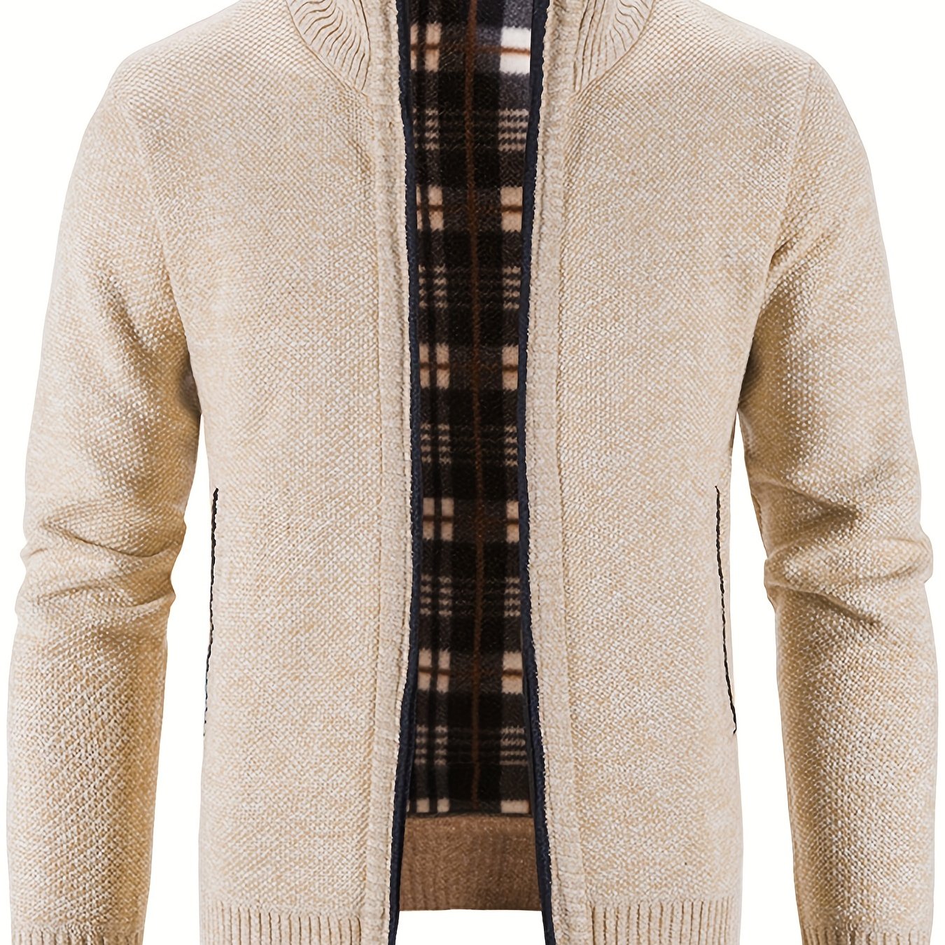 gbolsos Warm Stand Collar Fleece Jacket, Men's Semi-formal Comfortable Solid Color Zip Up Knitted Cardigan For Spring Fall