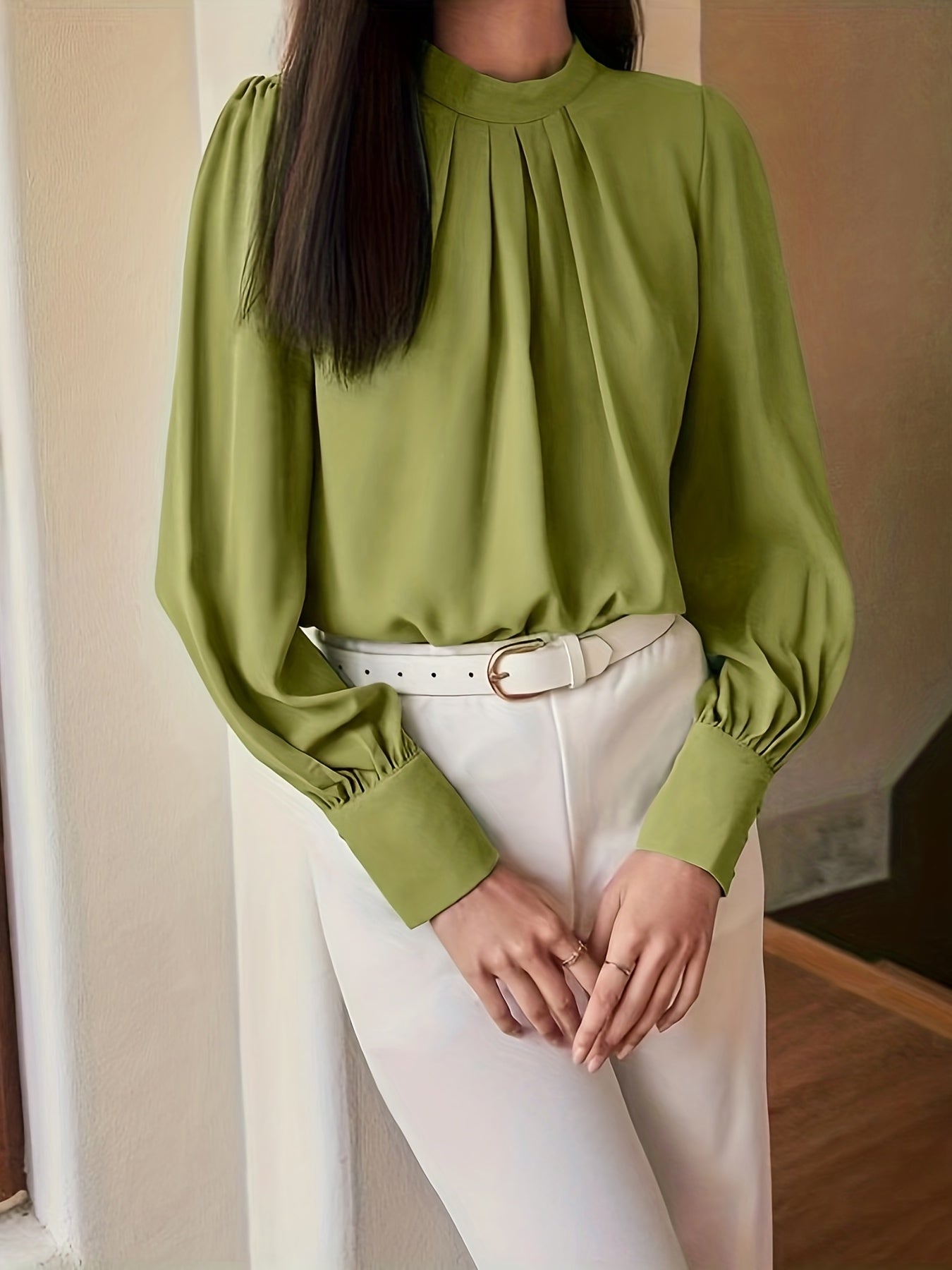 Cuff Sleeve Crew Neck Blouse, Elegant Solid Tucked Blouse For Spring & Summer, Women's Clothing