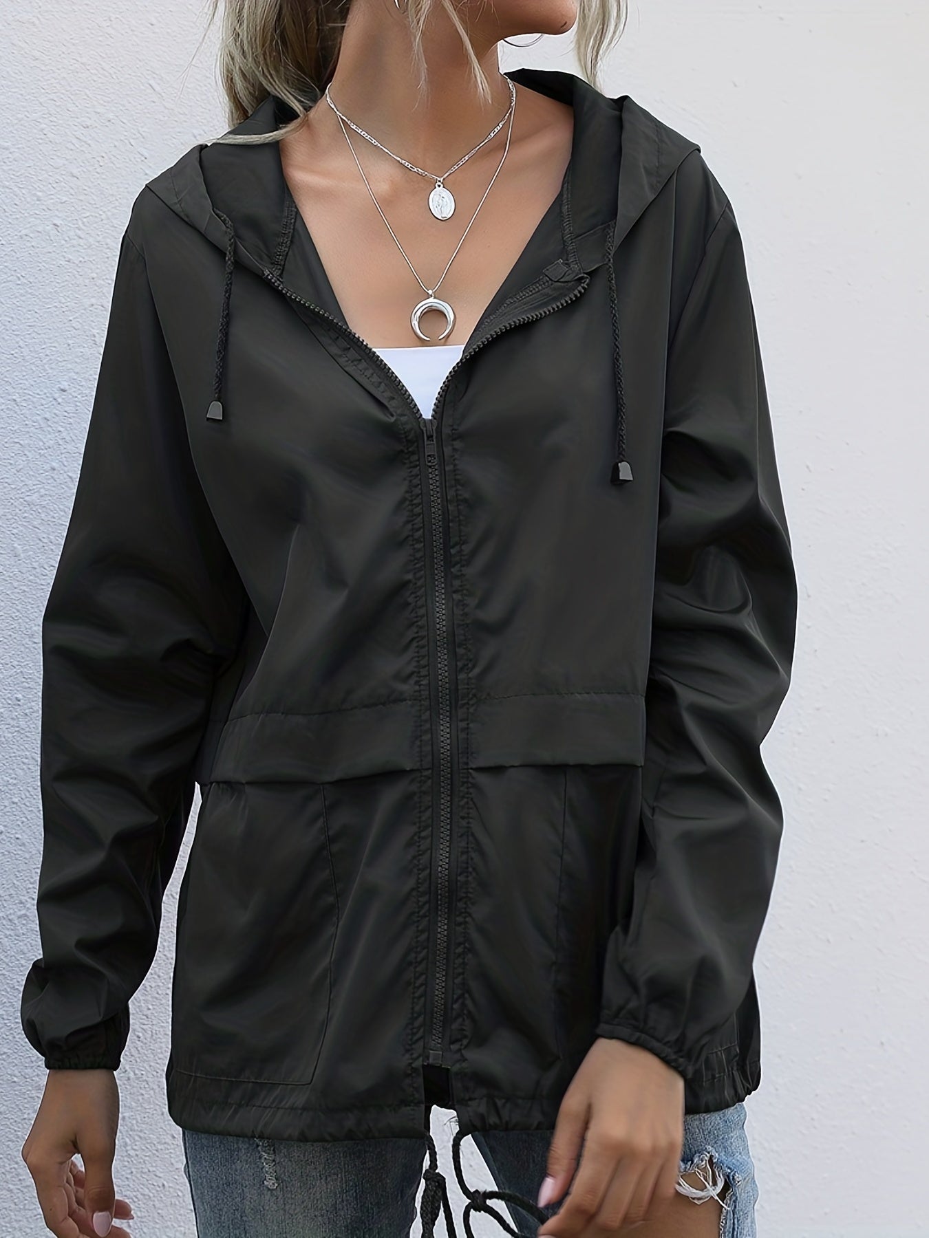 gbolsos Drawstring Solid Hooded Jacket, Casual Long Sleeve Versatile Outerwear, Women's Clothing