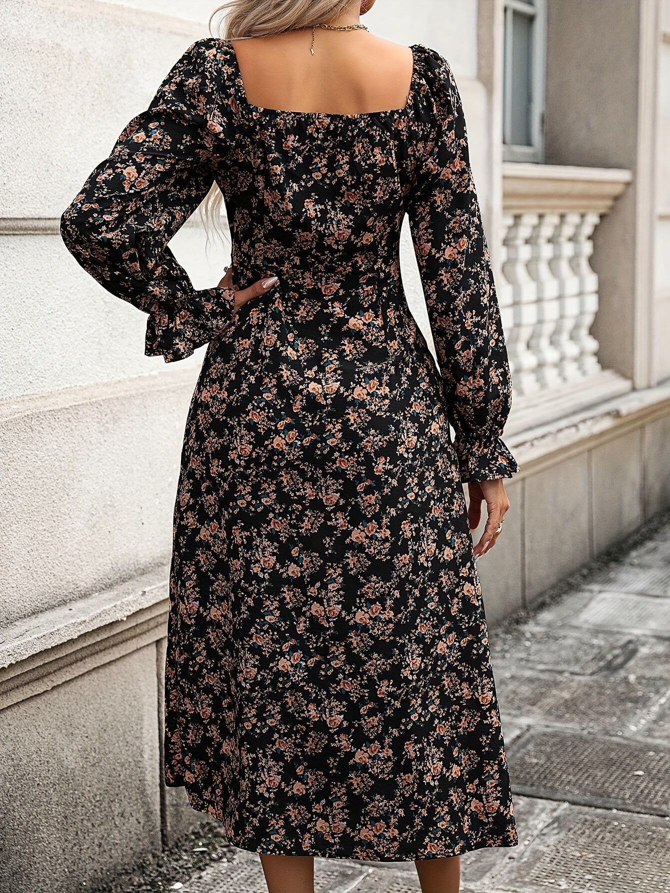 gbolsos Floral Print Long Sleeve Dress, Chic Square Neck Dress For Spring & Fall, Women's Clothing