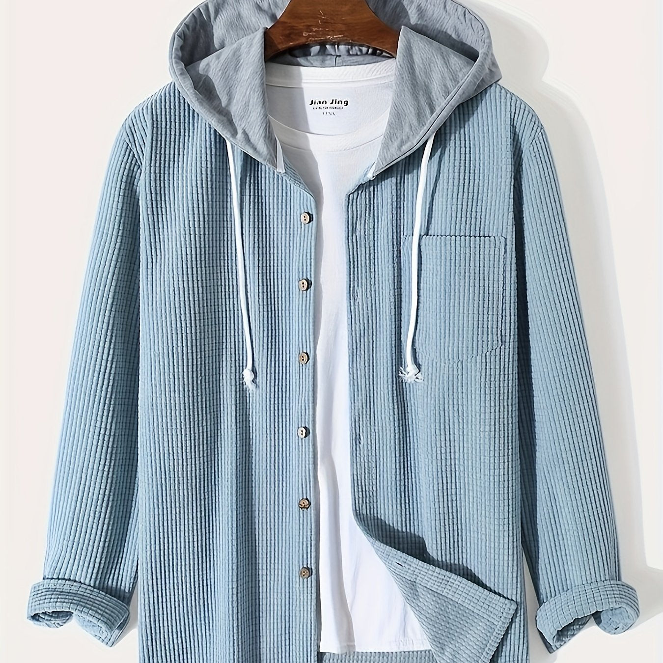 gbolsos Waffle Pattern Hoodie Shirt Coat For Men Long Sleeve Casual Regular Fit Button Up Hooded Shirts Jacket
