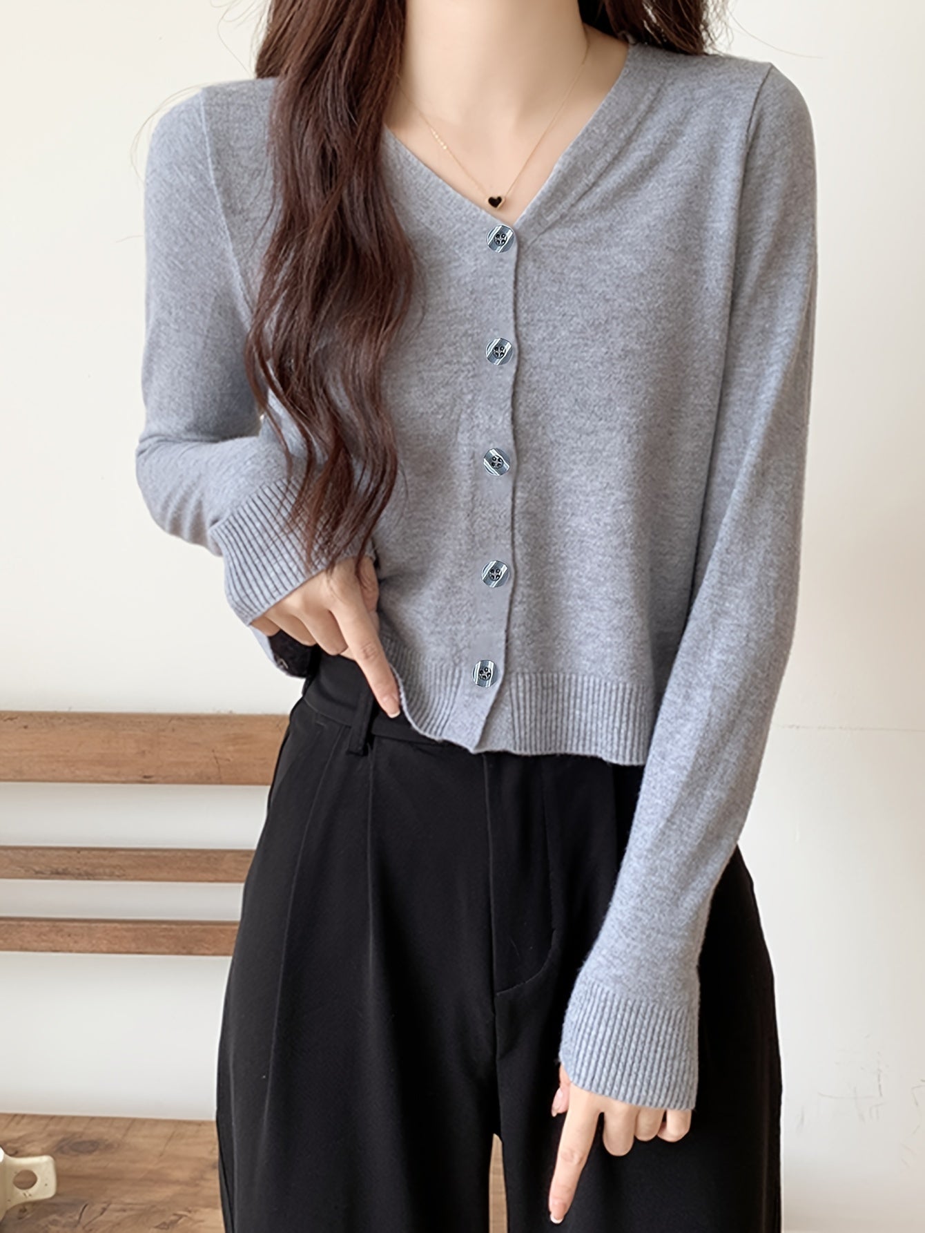Solid Button Front Cardigan, Casual Long Sleeve Simple Outwear, Women's Clothing