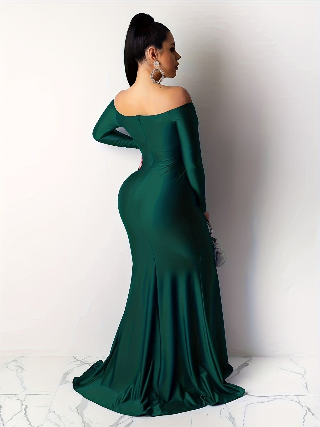 gbolsos Split Thigh Floor Length Dress, Party Wear Off Shoulder Long Sleeve Dress, Women's Clothing