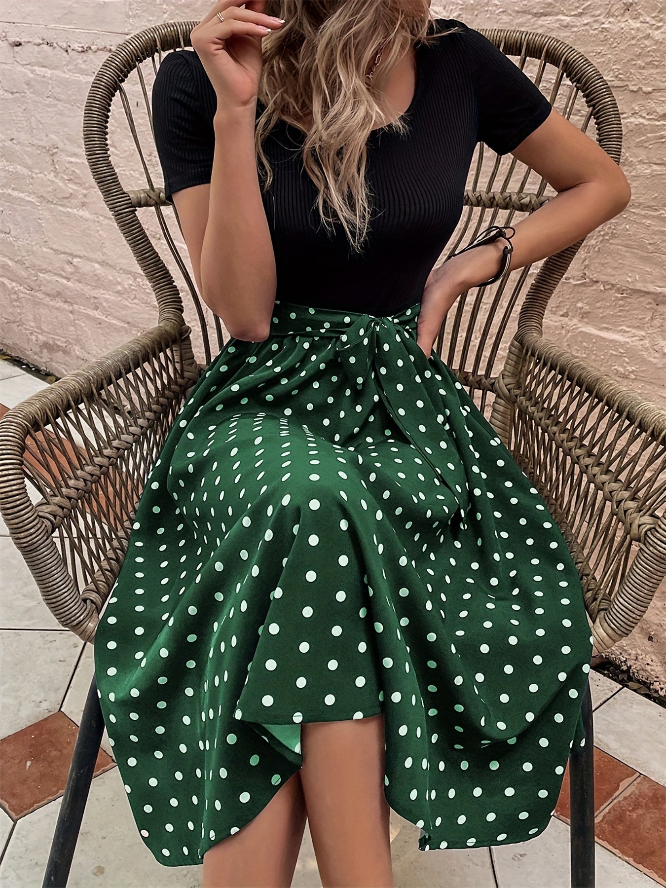 Polka Dot Print Splicing Dress, Casual Crew Neck Short Sleeve Dress, Women's Clothing