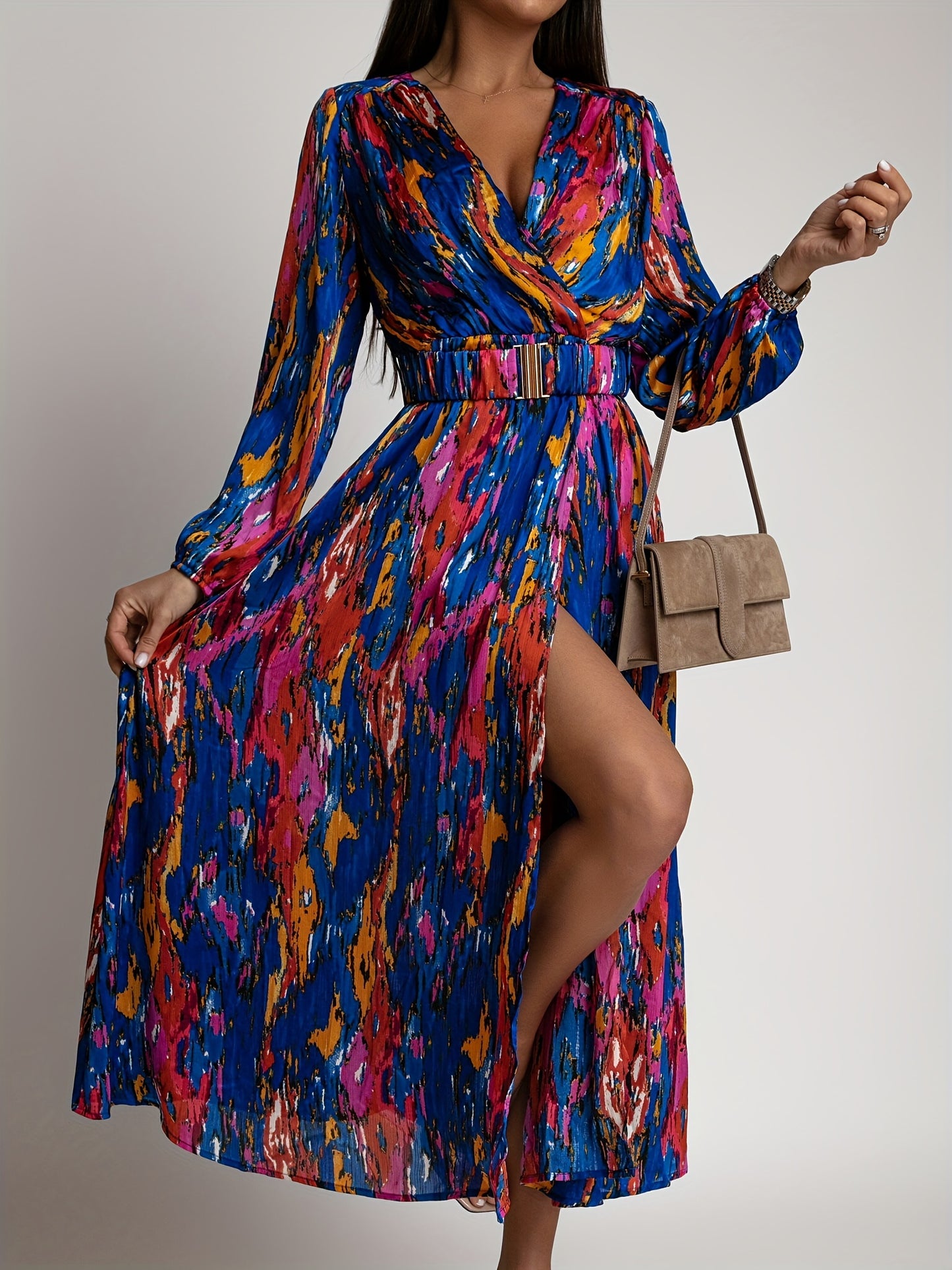 gbolsos Full Printed Surplice Neck Dress, Boho Long Sleeve Maxi Dress, Women's Clothing