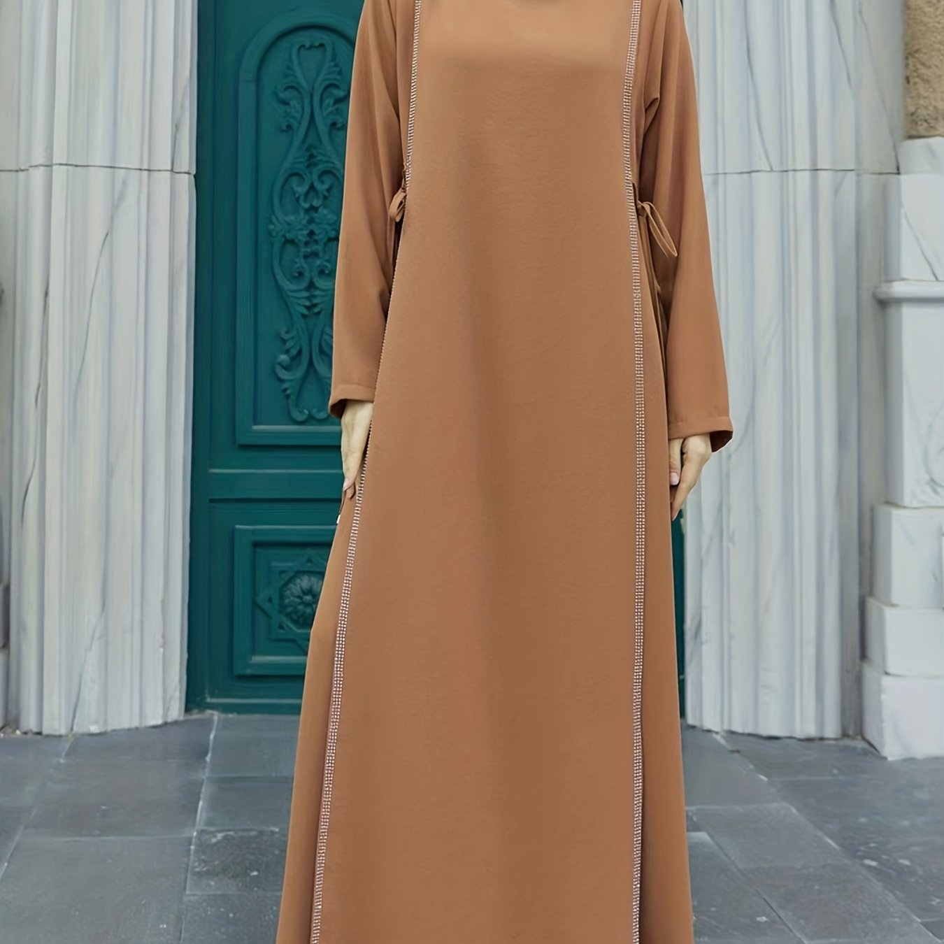 Rhinestone Kaftan Dress, Casual Long Sleeve High Collar Solid Dress, Women's Clothing
