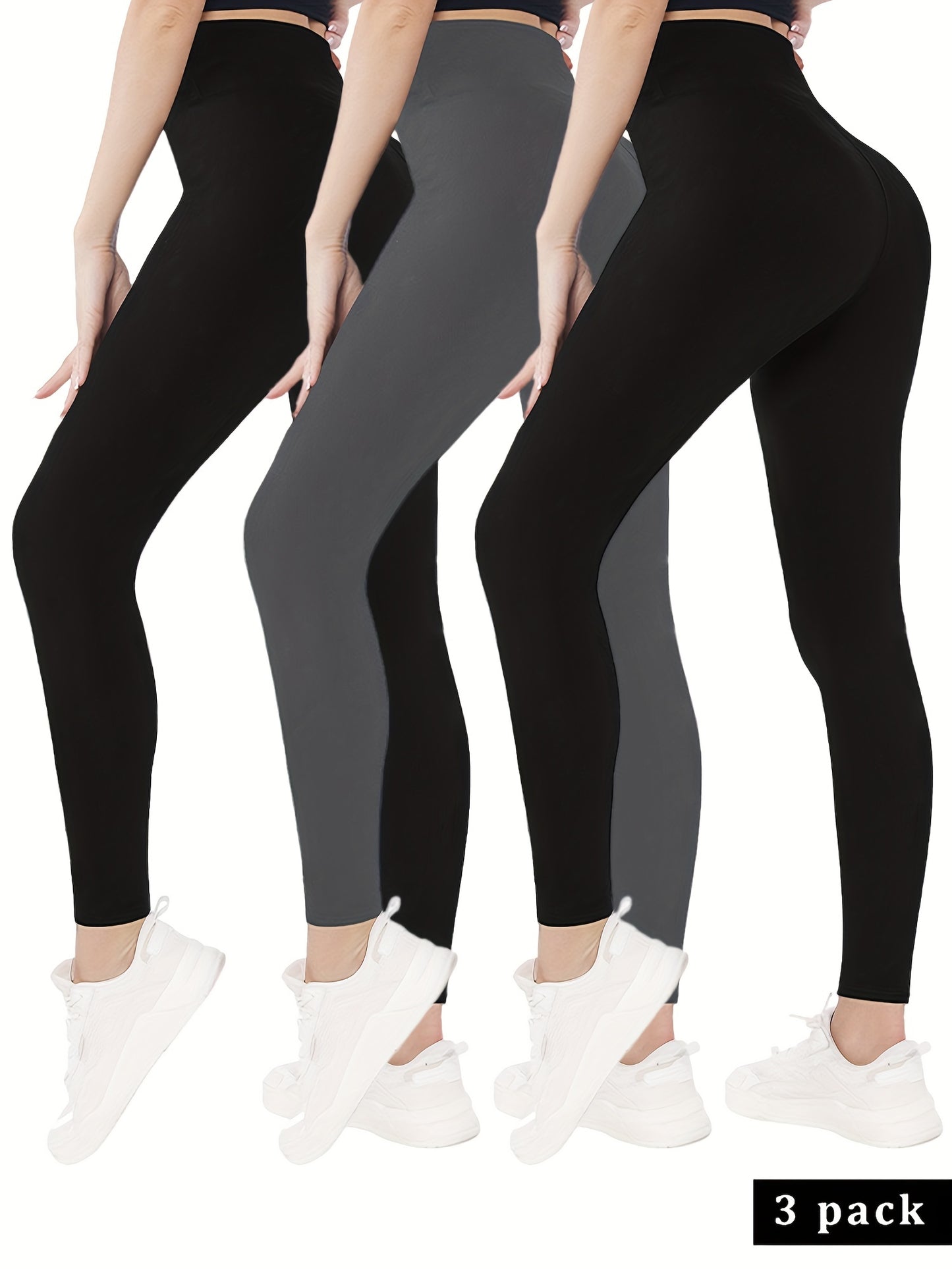 gbolsosSolid High Waist Skinny 3 Pieces Set Leggings, Workout Spring & Fall Leggings, Women's Clothing