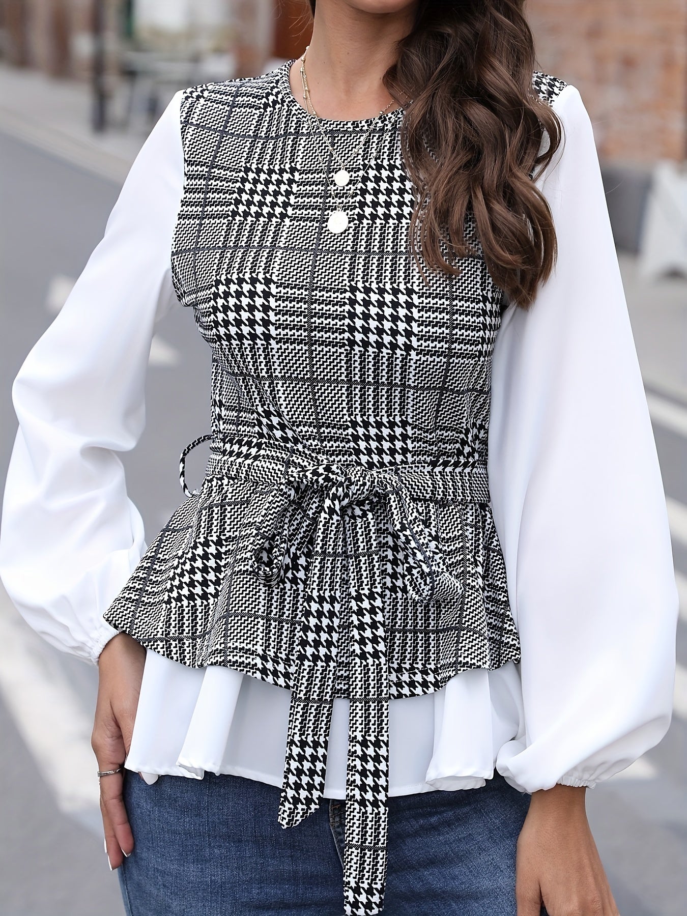 gbolsos Plaid Pattern Splicing Belted Blouse, Versatile Lantern Sleeve Blouse For Spring & Fall, Women's Clothing
