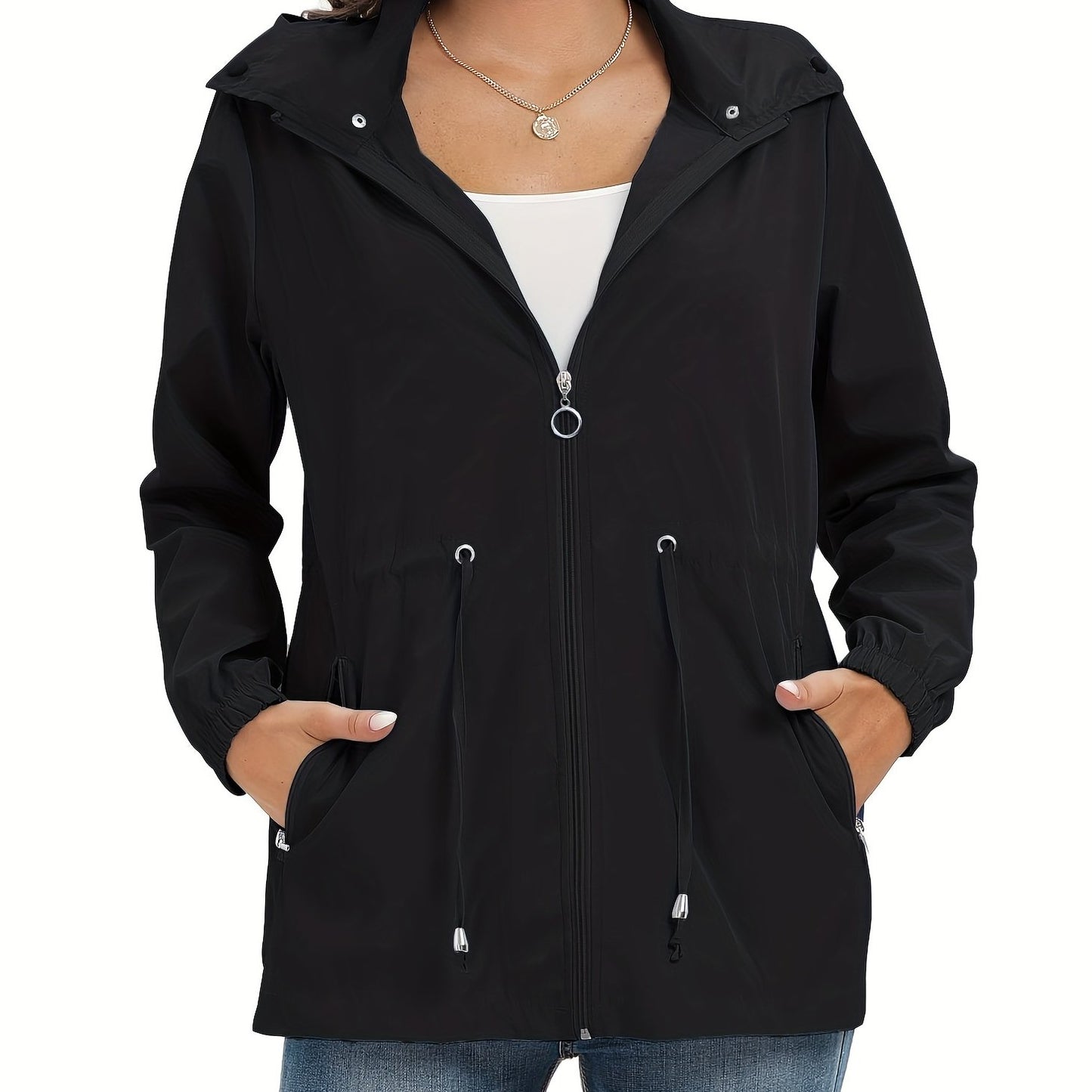 gbolsos Solid Hooded Rain Jacket, Casual Zip Up Long Sleeve Outerwear, Women's Clothing